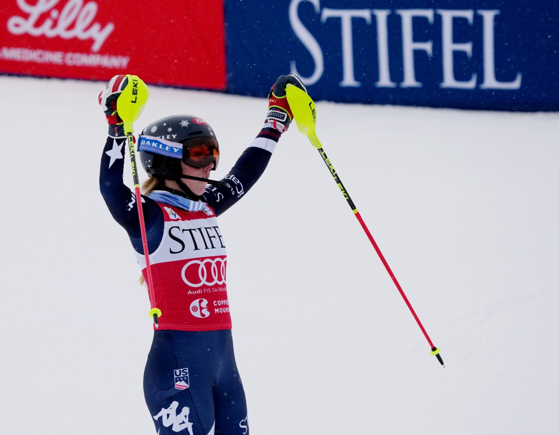 Mikaela Shiffrin of the United States celebrates after winning the women's slalom alpine skiing race at the Stifel Copper Cup at Copper Mountain.