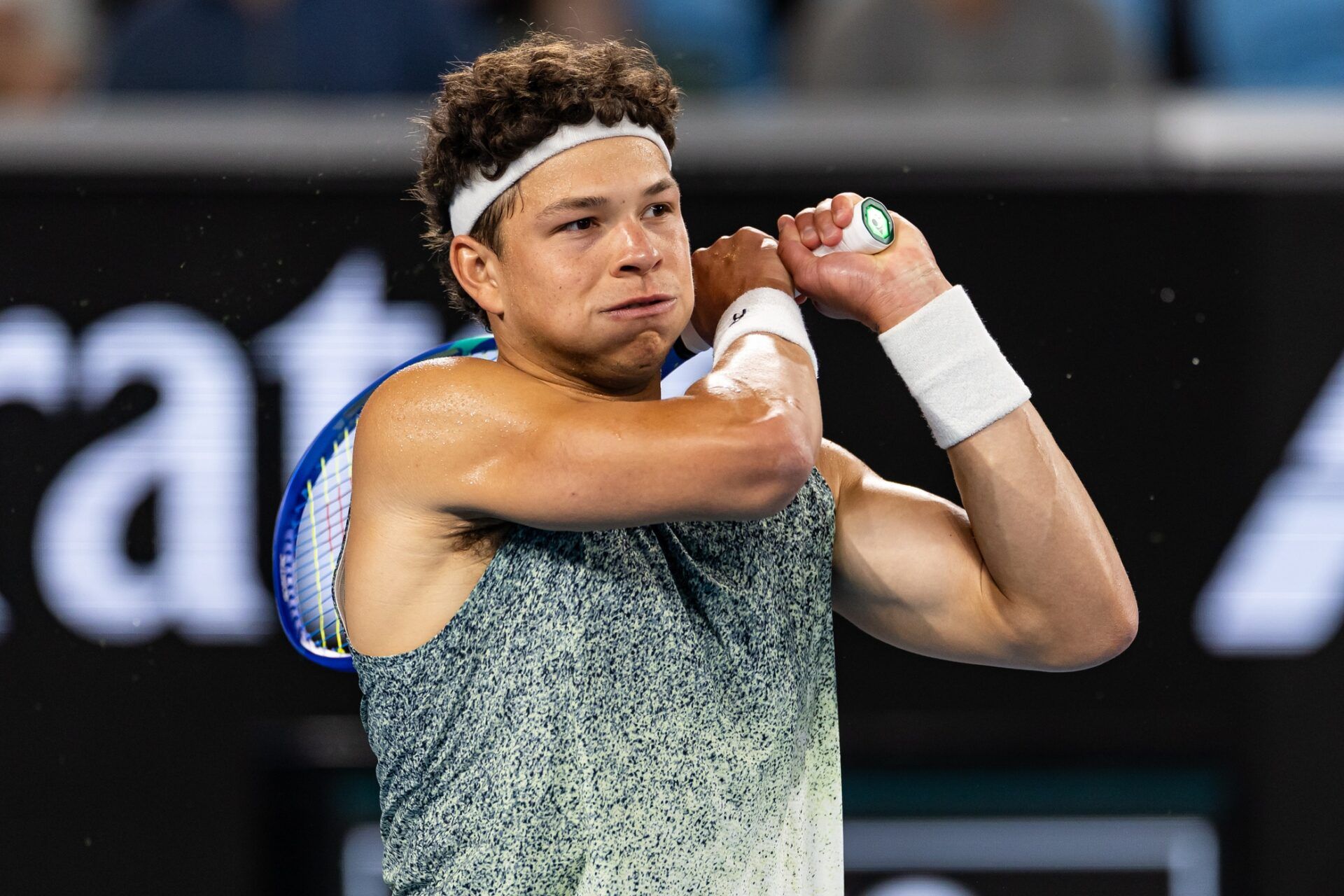 Ben Shelton of United States in action against Valentin Vacherot of Monaco in the third round of the mens singles at the Australian Open at Margaret Court Arena in Melbourne Park.