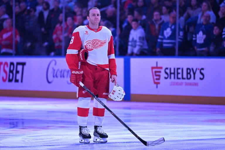 Detroit Red Wings forward Patrick Kane (88) stands on the ice during the playing of the national anthems before playing the Toronto Maple Leafs at Scotiabank Arena.
