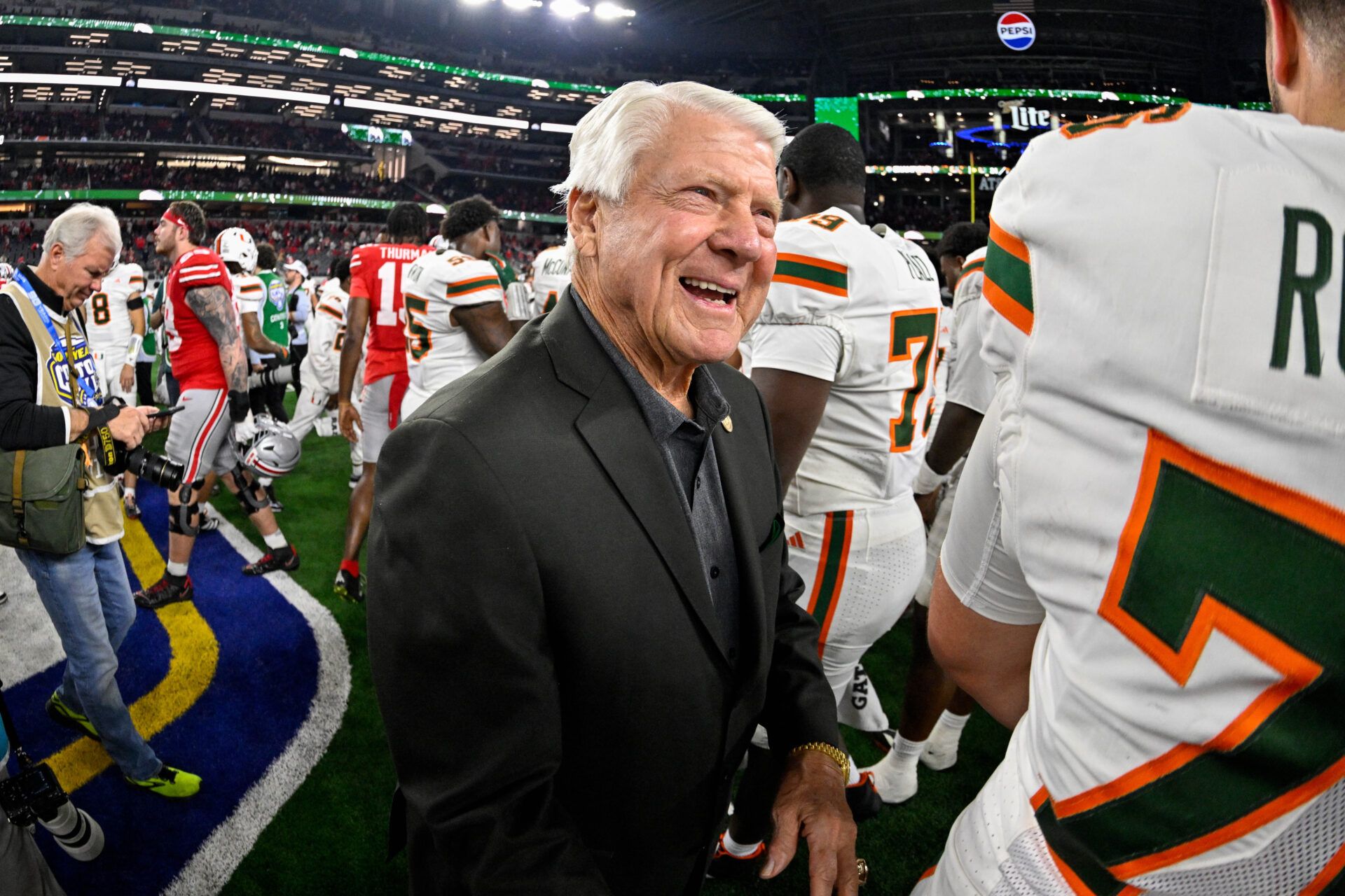 Former Miami Hurricanes head coach Jimmy Johnson celebrates after the 2025 Cotton Bowl and quarterfinal game of the College Football Playoff at AT&T Stadium.