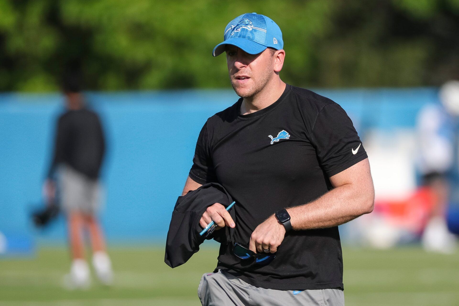 Detroit Lions defensive backs coach Brian Duker during training camp at the Detroit Lions Headquarters and Training Facility in Allen Park on Sunday, July 23, 2023.