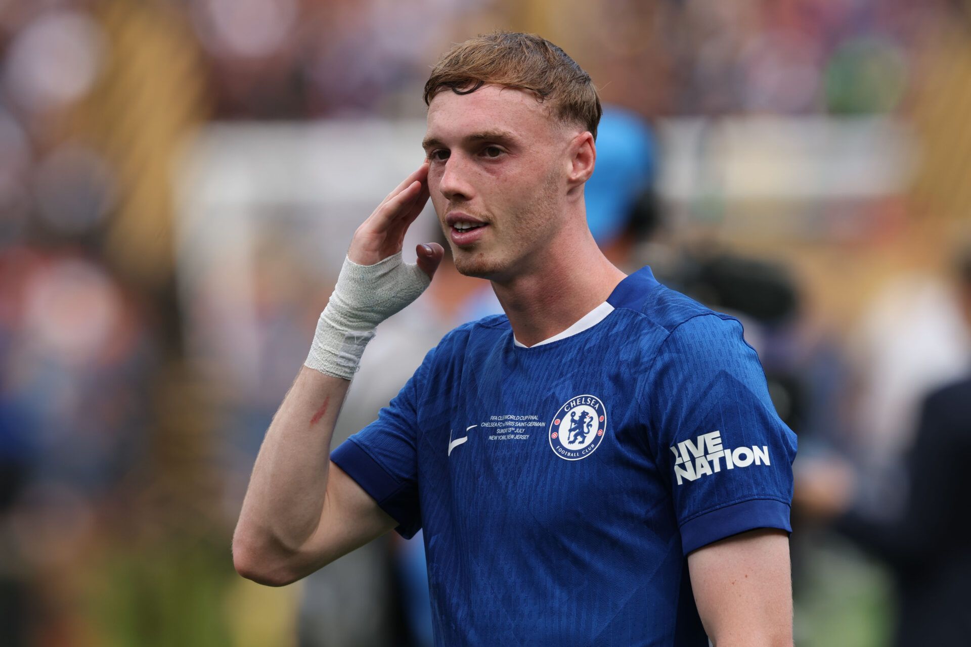 Chelsea FC midfielder Cole Palmer (10) reacts during the final of the 2025 FIFA Club World Cup at MetLife Stadium.