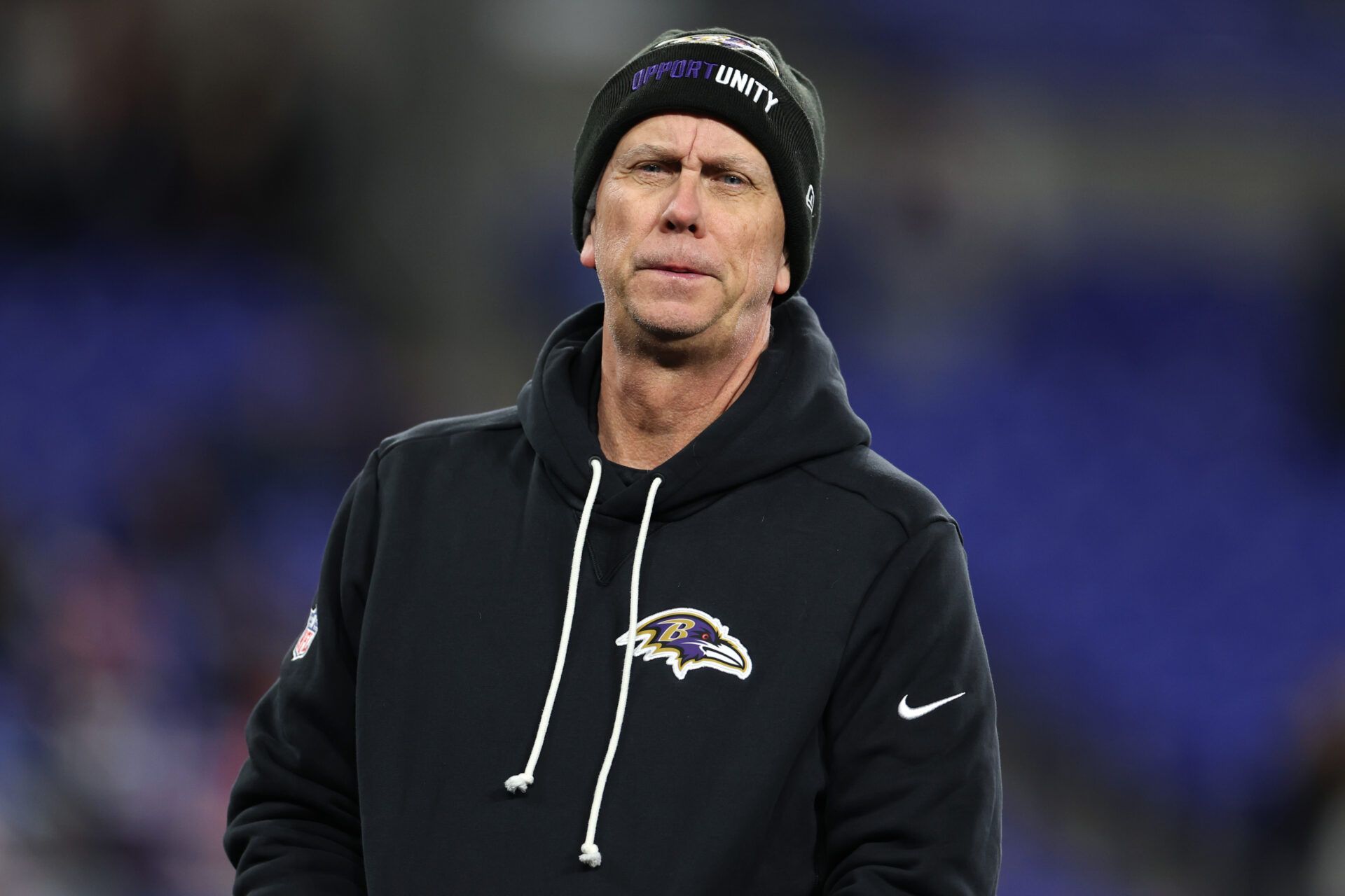BALTIMORE, MARYLAND - DECEMBER 21: Offensive coordinator Todd Monken of the Baltimore Ravens looks on before the game against the New England Patriots at M&T Bank Stadium on December 21, 2025 in Baltimore, Maryland. (Photo by Scott Taetsch/Getty Images)
