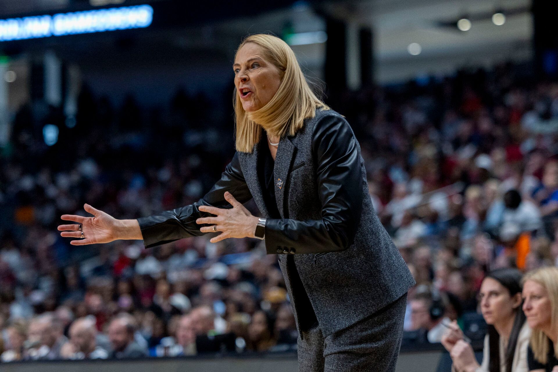 Maryland Terrapins head coach Brenda Frese works with her team during the first half of a Sweet 16 NCAA Tournament basketball game against the South Carolina Gamecocks at Legacy Arena.