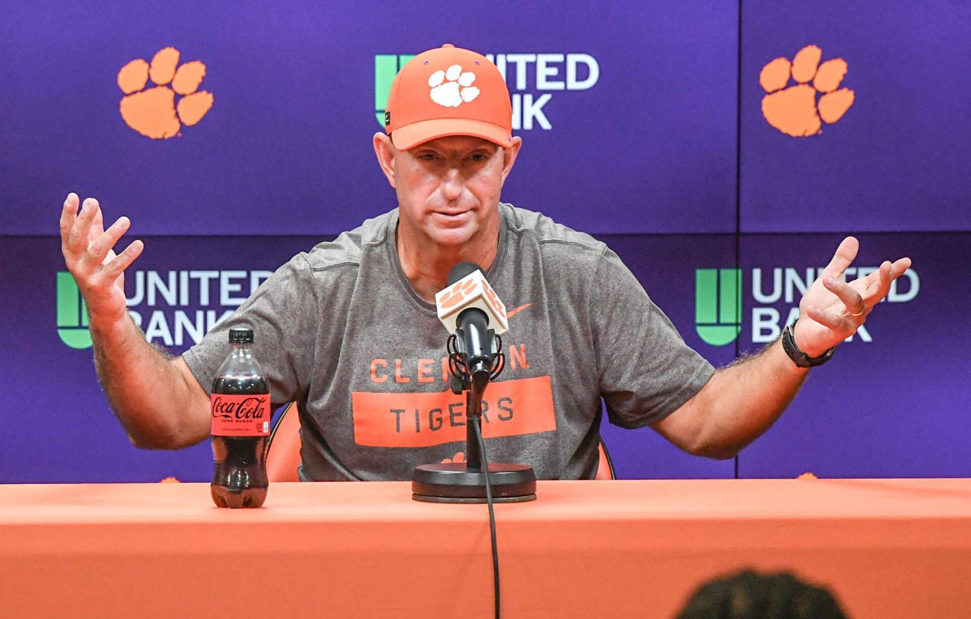 Clemson head coach Dabo Swinney talks with media before the Clemson first football August practice in Clemson, S.C. Thursday August 1, 2024.