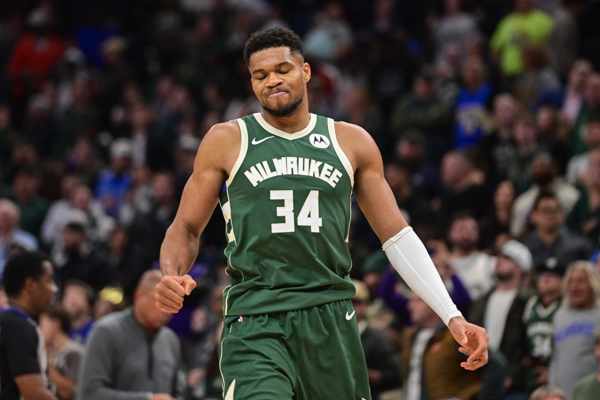Milwaukee Bucks forward Giannis Antetokounmpo (34) reacts after missing a shot late in the fourth quarter against the Sacramento Kings at Fiserv Forum.