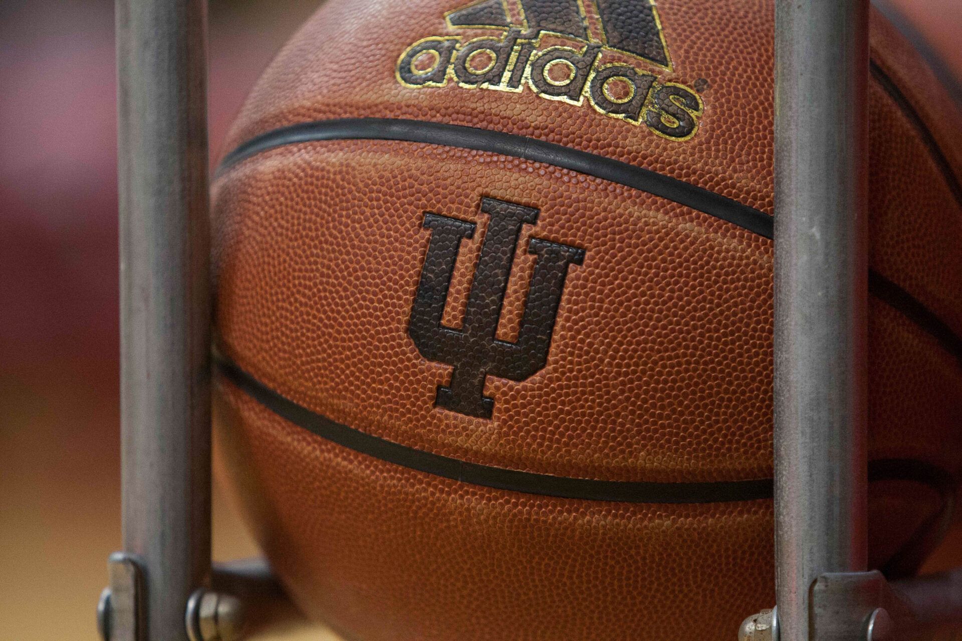 Basketball showing the IU logo before the game between the Indiana Hoosiers and the Eastern Washington Eagles at Assembly Hall. Eastern Washington Eagles beats Indiana Hoosiers by the score of 86-84.