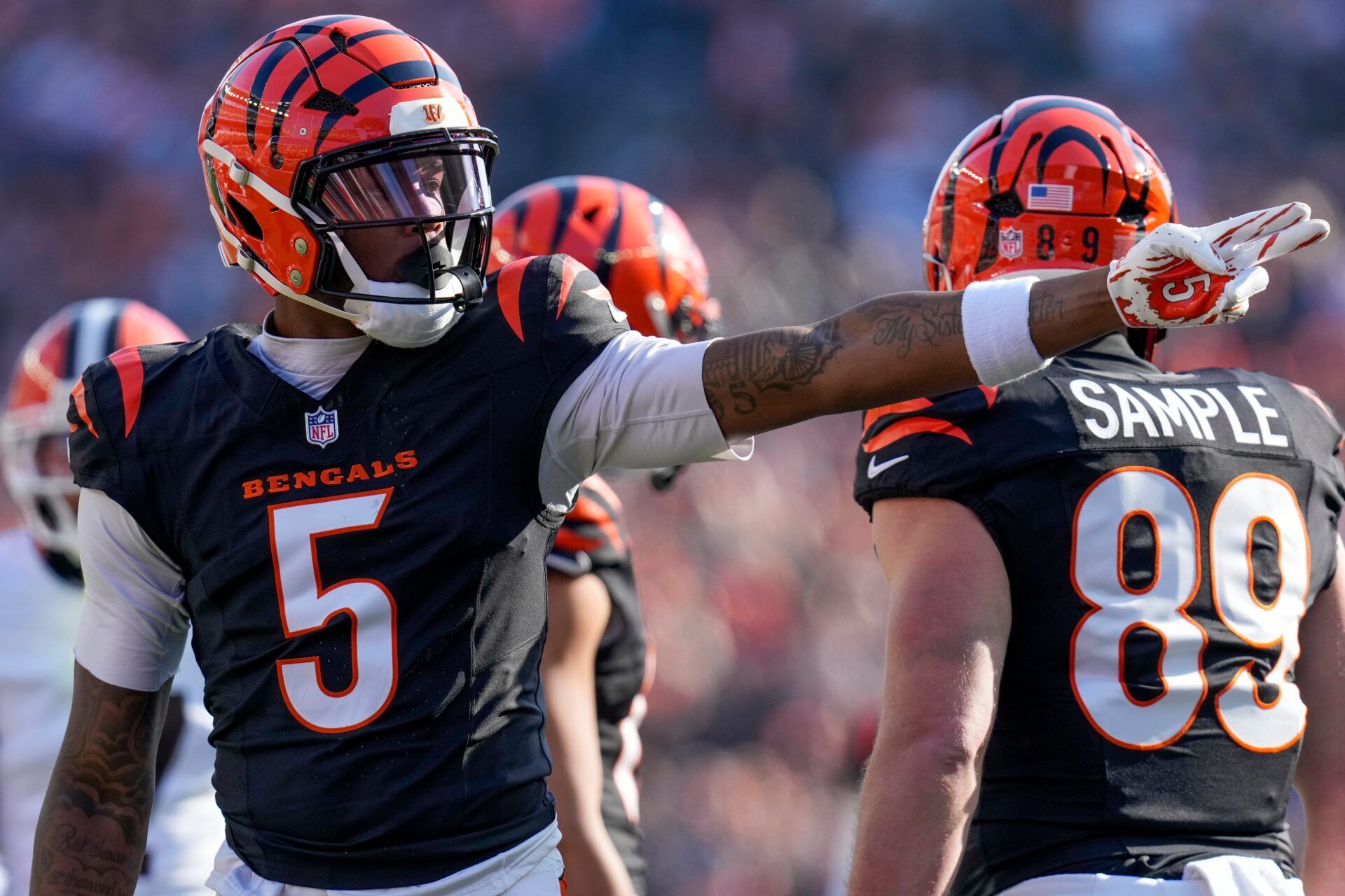 Cincinnati Bengals wide receiver Tee Higgins (5) celebrates a first down in the first quarter of the NFL Week 18 game between the Cincinnati Bengals and the Cleveland Browns at Paycor Stadium in Downtown Cincinnati on Sunday, Jan. 4, 2026.