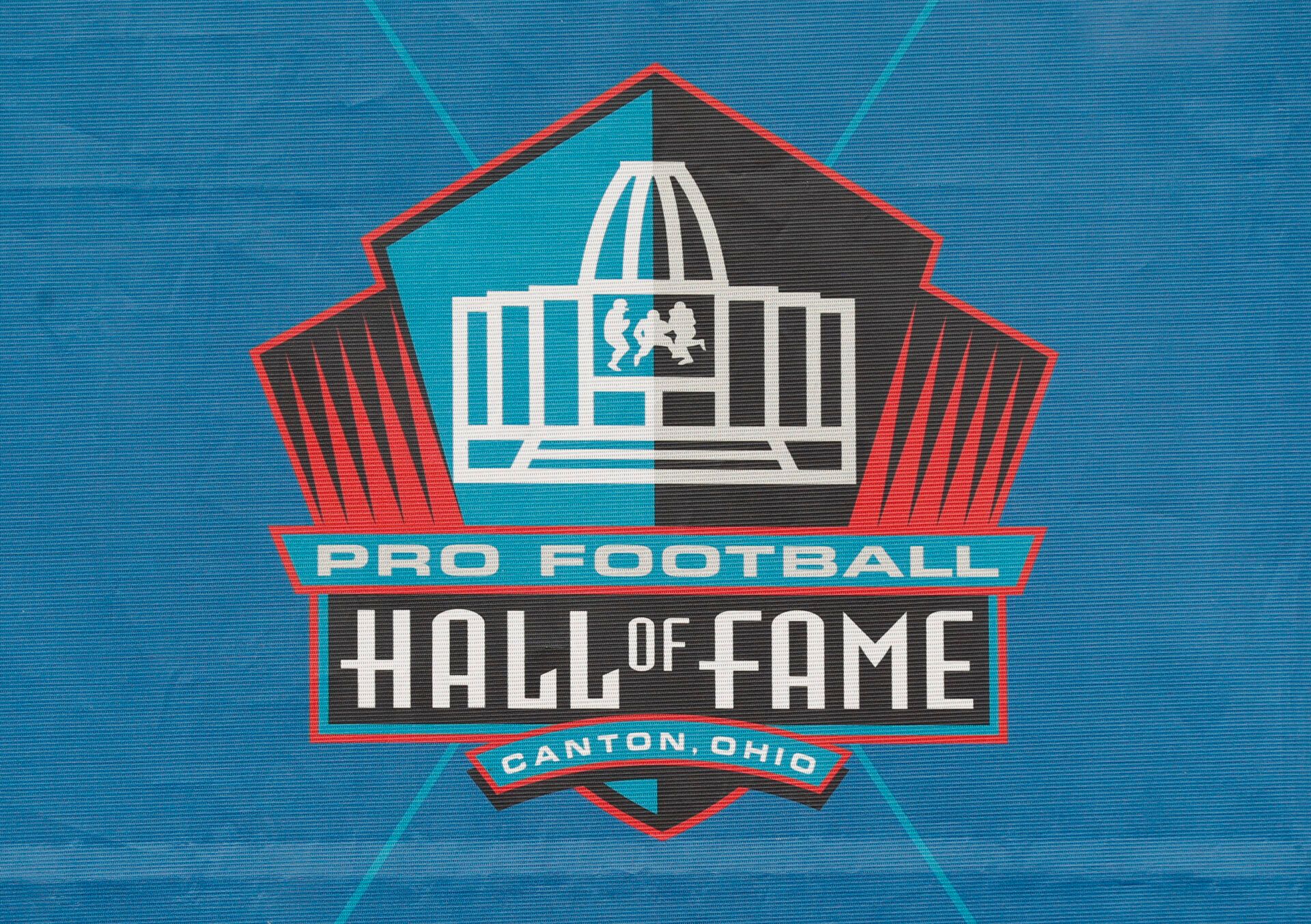 Logo signage at the Pro Football Hall of Fame enshrinement ceremony at Tom Benson Hall of Fame Stadium.