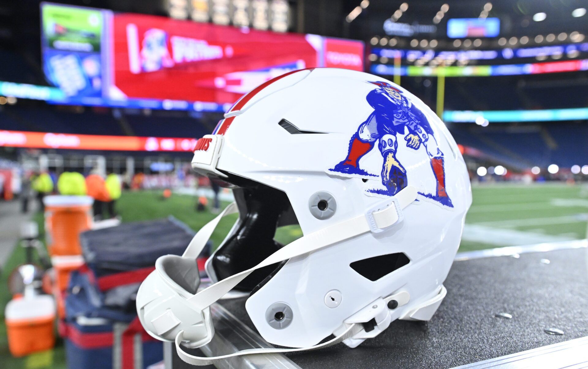 A New England Patriots helmet is seen on the sideline prior to the game against the New York Giants at Gillette Stadium.