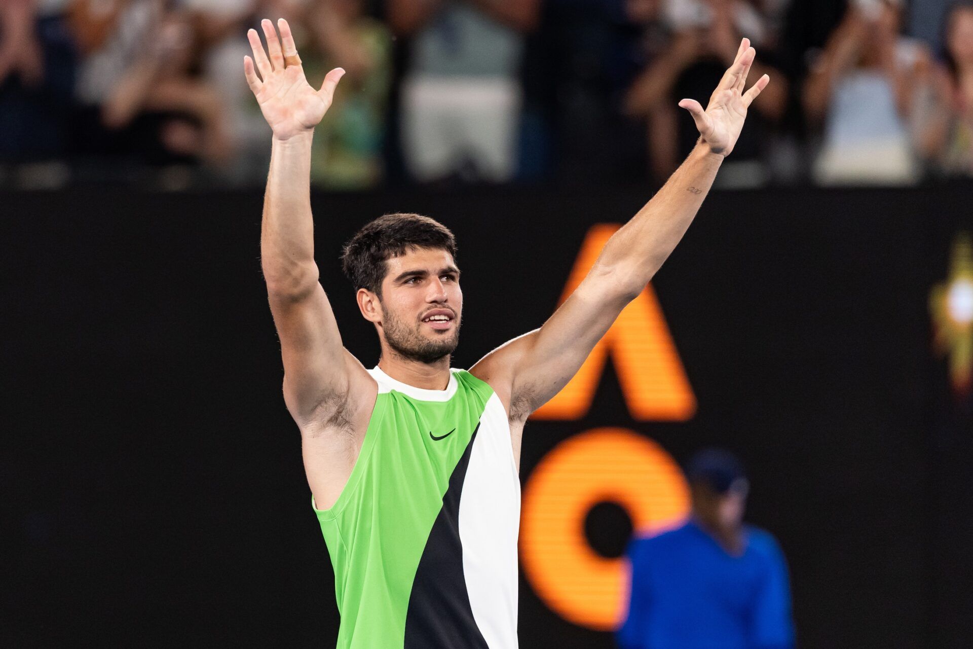 Carlos Alcaraz of Spain celebrates his victory over Alex de Minaur of Australia in the quarterfinals of the men’s singles at the Australian Open at Rod Laver Arena in Melbourne Park.