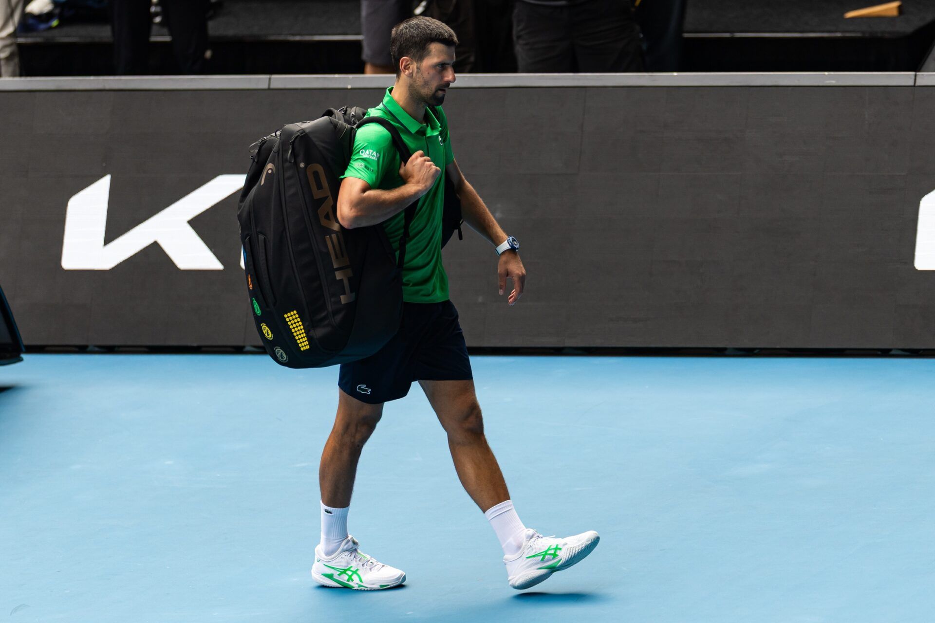 Novak Djokovic of Serbia in action against Lorenzo Musetti of Italy in the quarterfinals of the mens singles at the Australian Open at Rod Laver Arena in Melbourne Park.