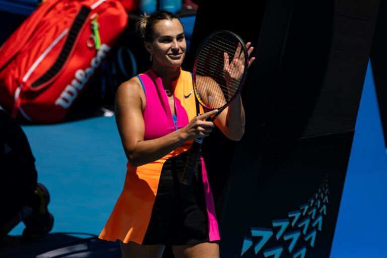 Aryna Sabalenka celebrates her victory over Victoria Mboko of Canada in the fourth round of the women’s singles at the Australian Open at Rod Laver Arena in Melbourne Park.
