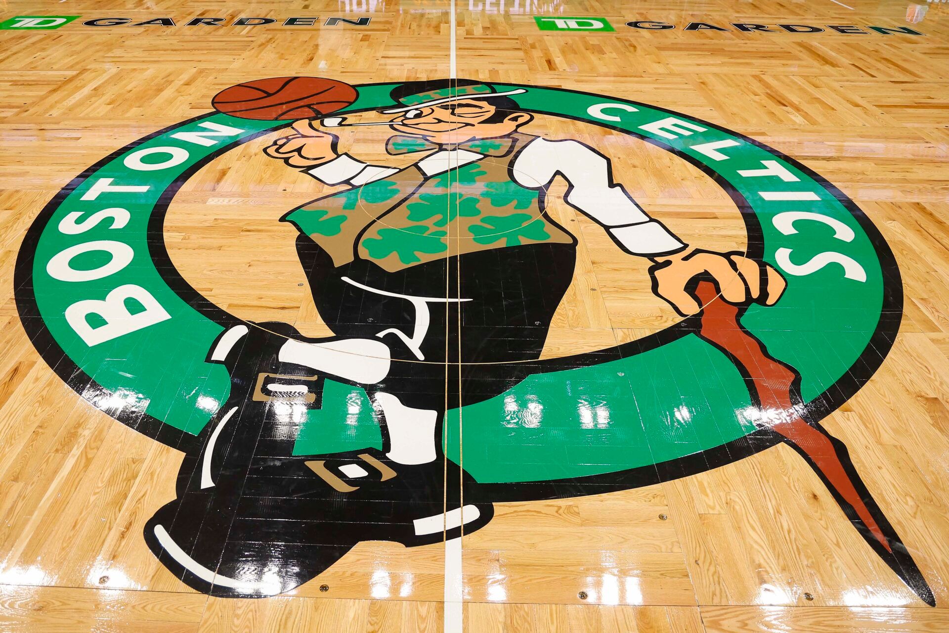 The Boston Celtics logo is seen before the game between the Boston Celtics and the Atlanta Hawks at TD Garden.