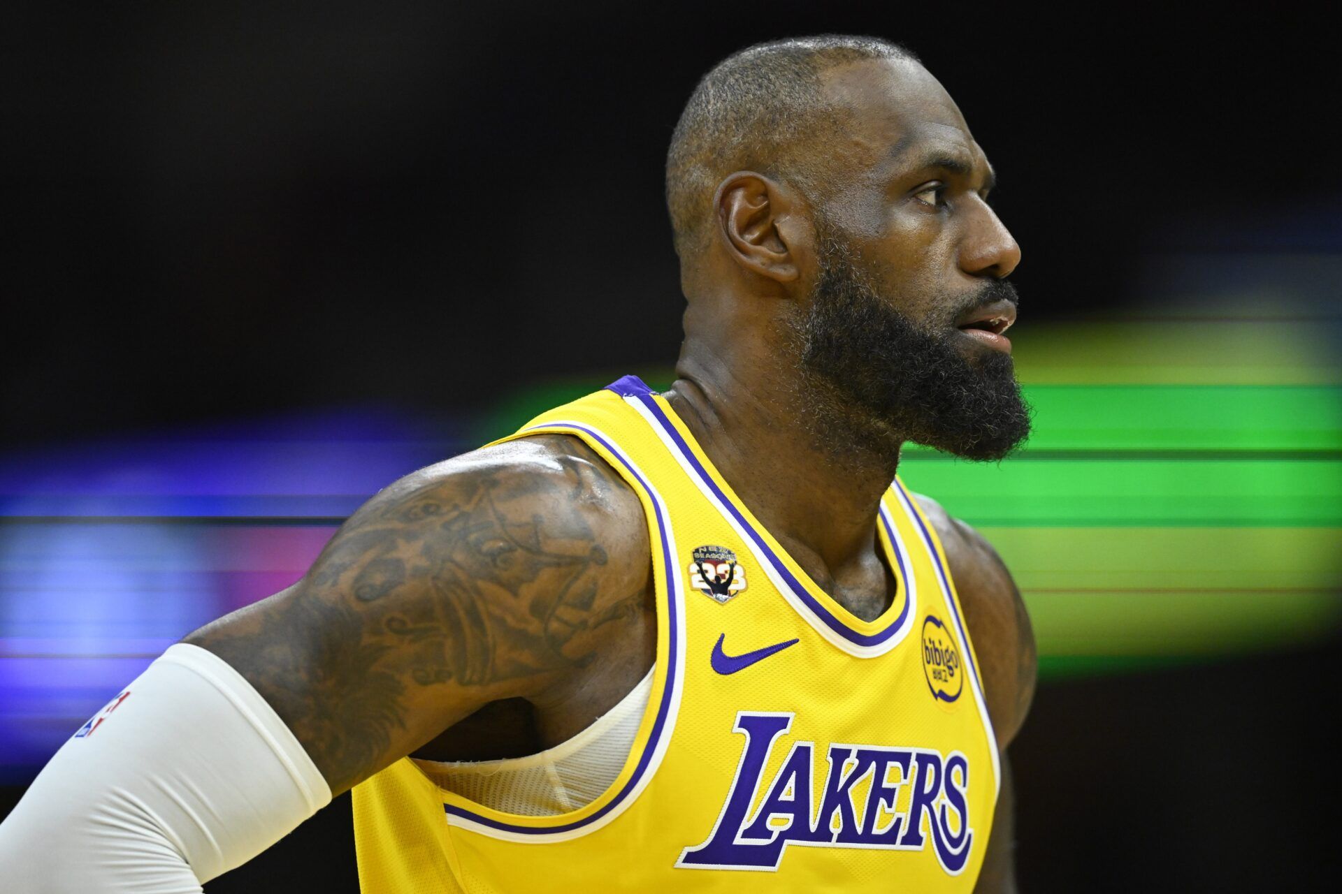 Los Angeles Lakers forward LeBron James (23) stands on the court in the third quarter against the Cleveland Cavaliers at Rocket Arena.