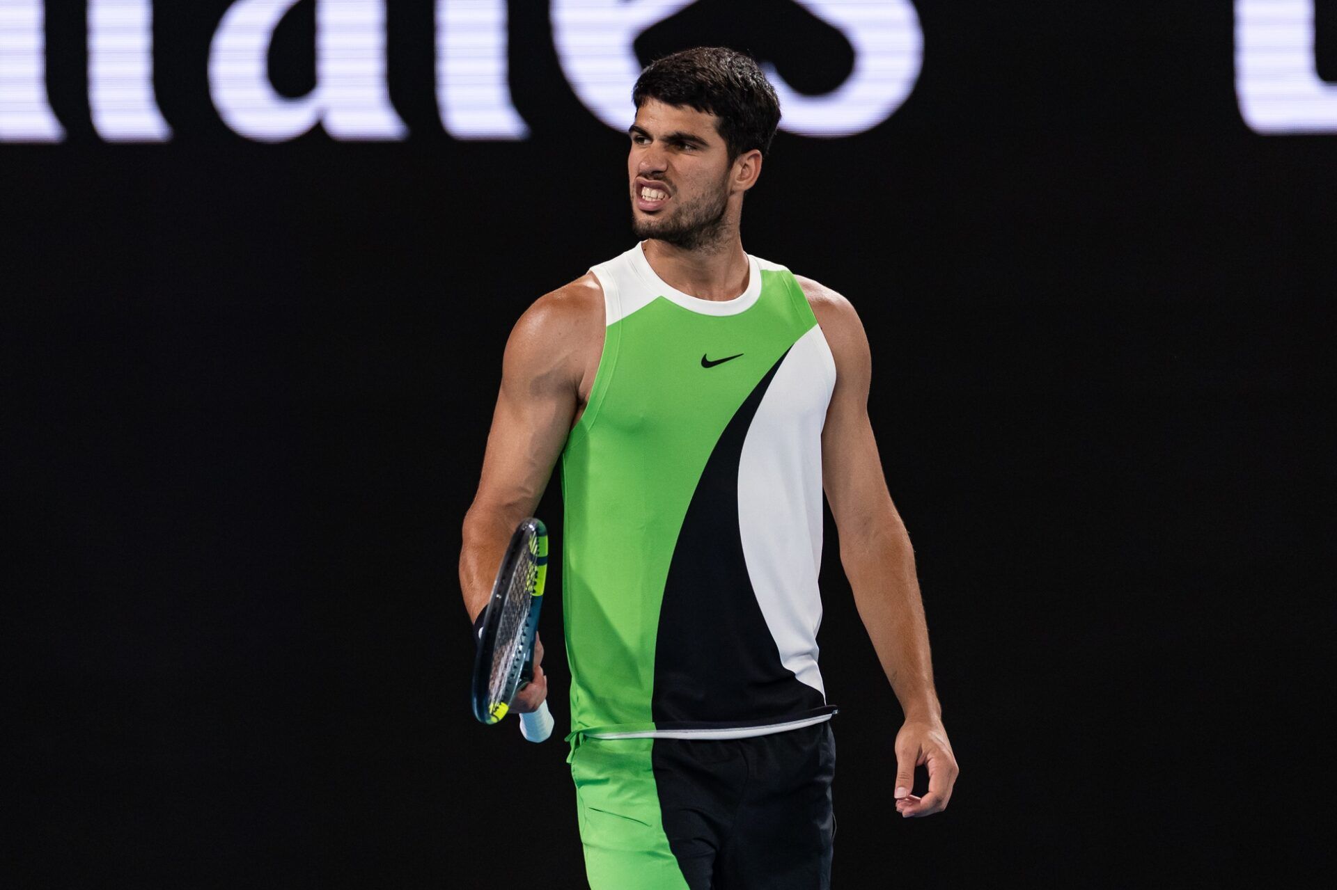 Carlos Alcaraz of Spain in action against Alex de Minaur of Australia in the quarterfinals of the men’s singles at the Australian Open at Rod Laver Arena in Melbourne Park.