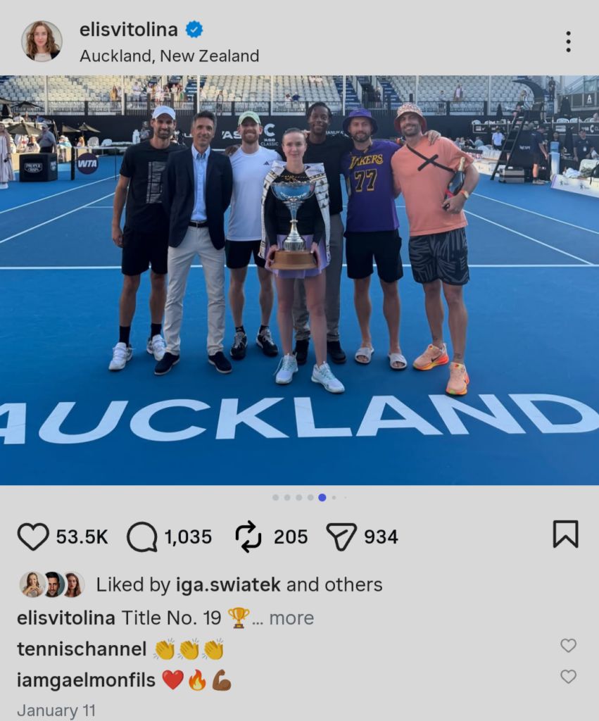 Elina Svitolina pictured with husband Gaël Monfils and their coaching teams