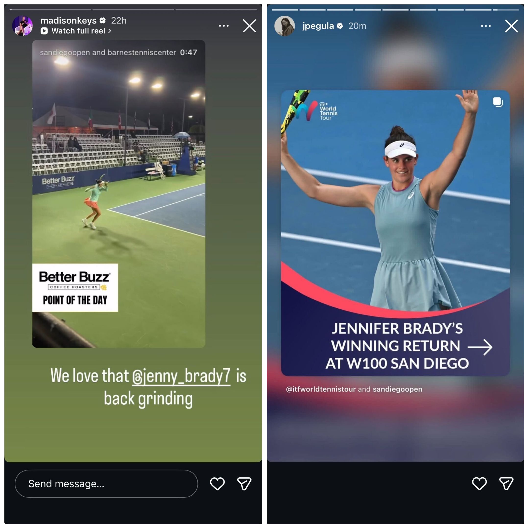 Scree grab of Jessica Pegula and Madison Keys' Instagram stories