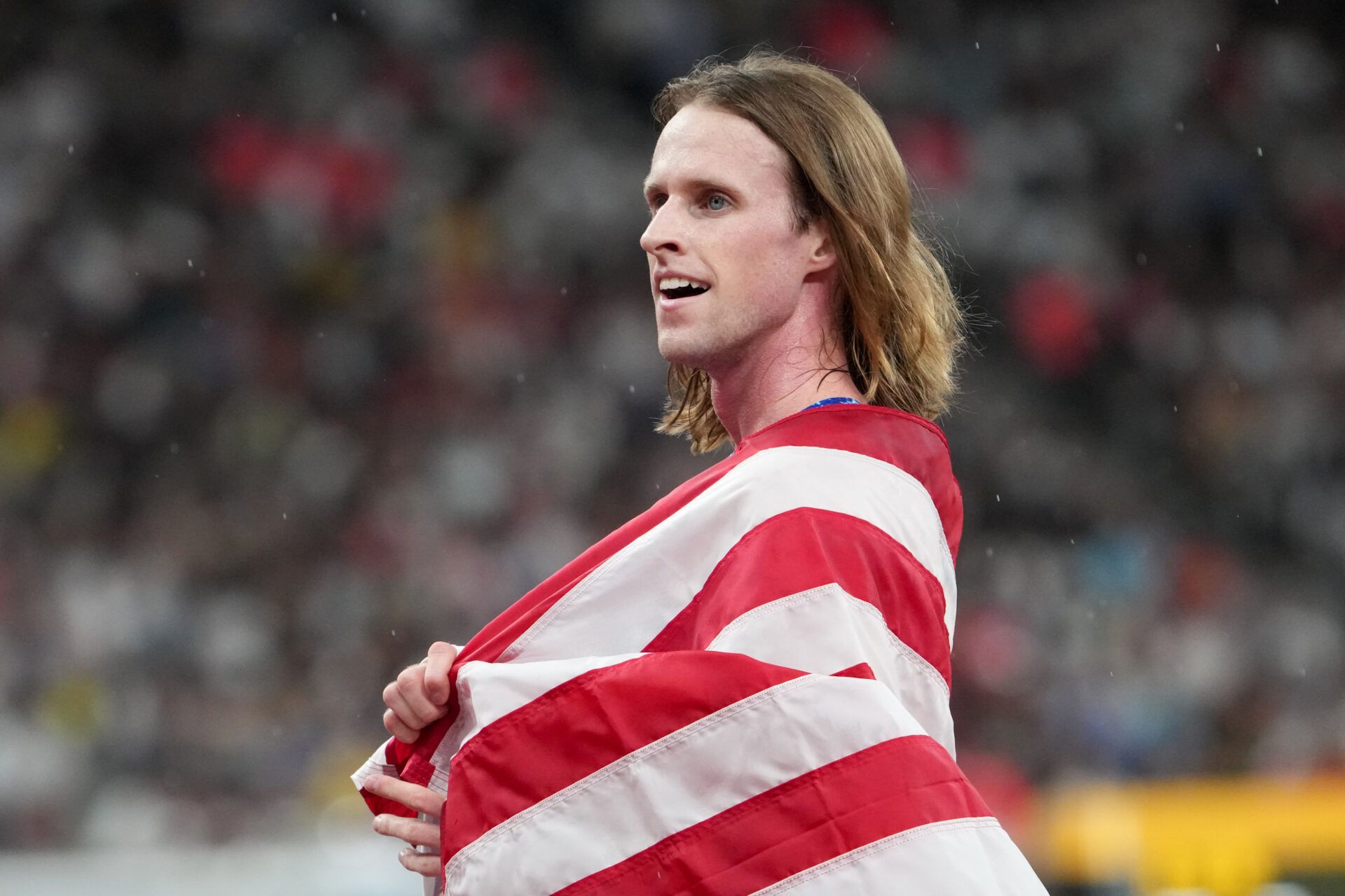 Cole Hocker (USA) celebrates after winning the mens 5000m final at National Stadium.