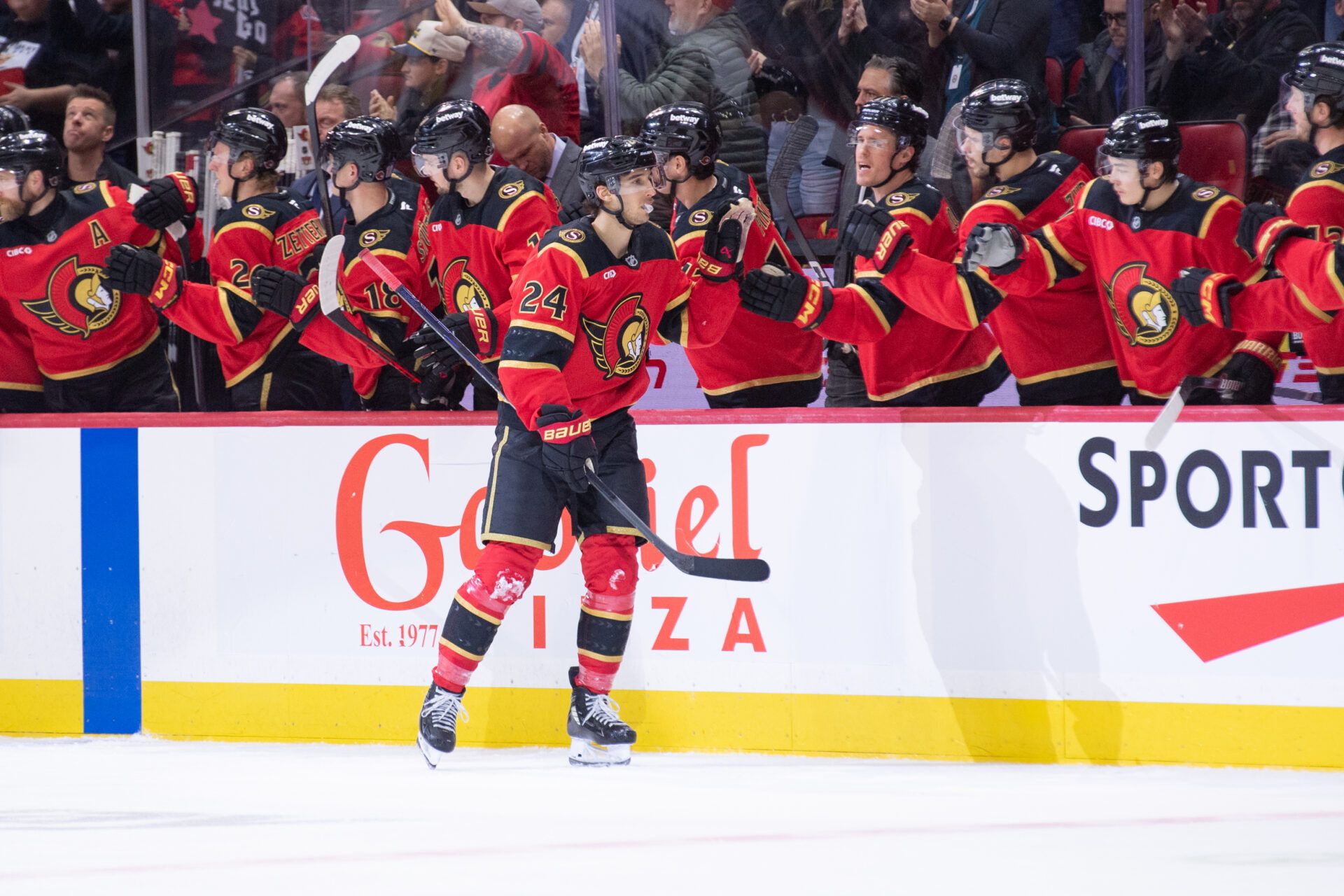 Ottawa Senators center Dylan Cozens (24) celebrates wit hteam his goal scored in the second period against the Vegas Golden Knights at the Canadian Tire Centre.