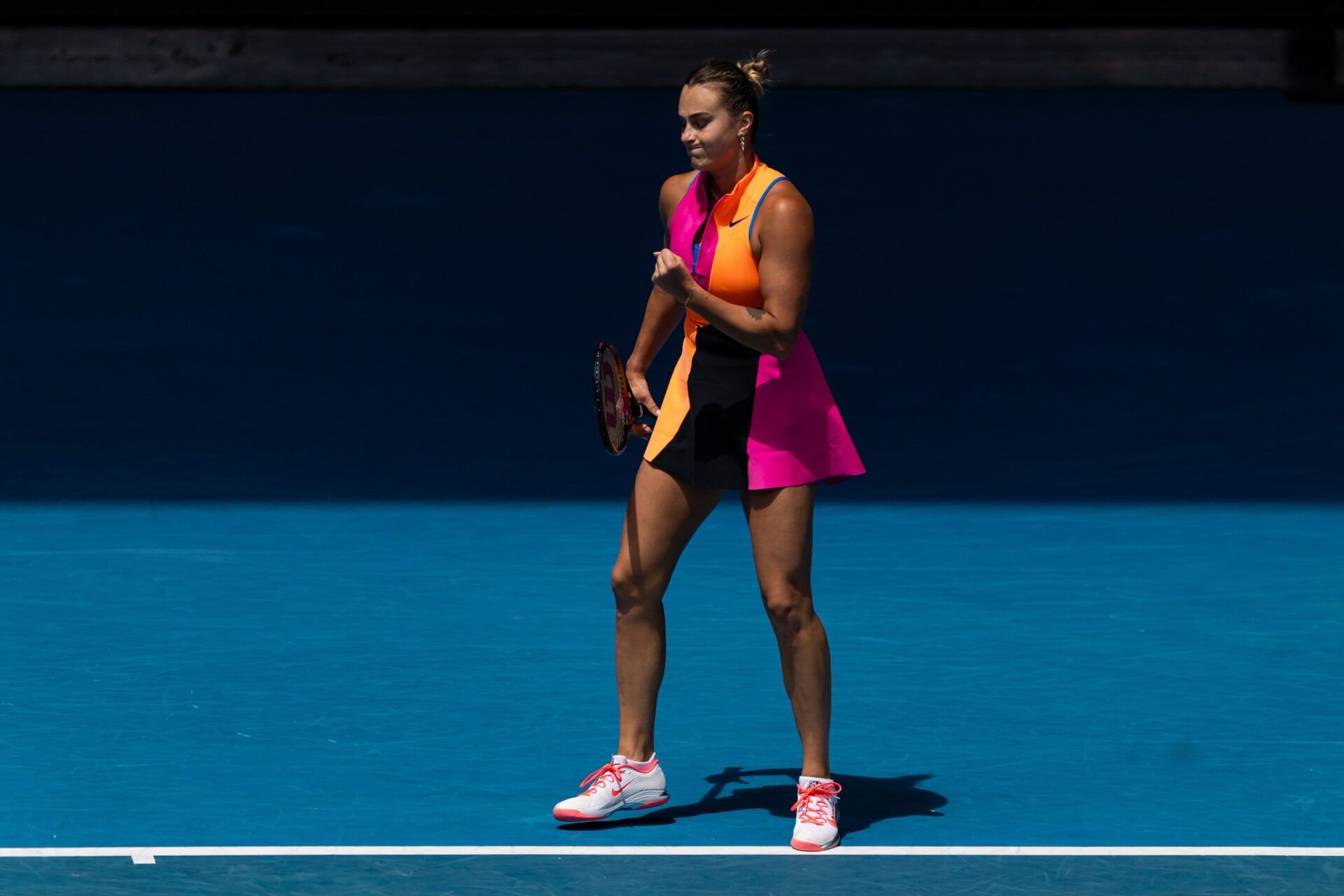 Aryna Sabalenka in action against Victoria Mboko of Canada in the fourth round of the women’s singles at the Australian Open at Rod Laver Arena in Melbourne Park.