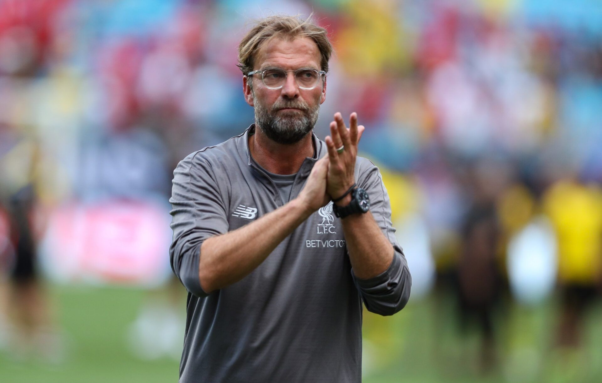 Liverpool Coach Jurgen Klopp applauds the fans after  the second half of an International Champions Cup soccer match between Liverpool and the Borussia Dortmund  at Bank of America Stadium.