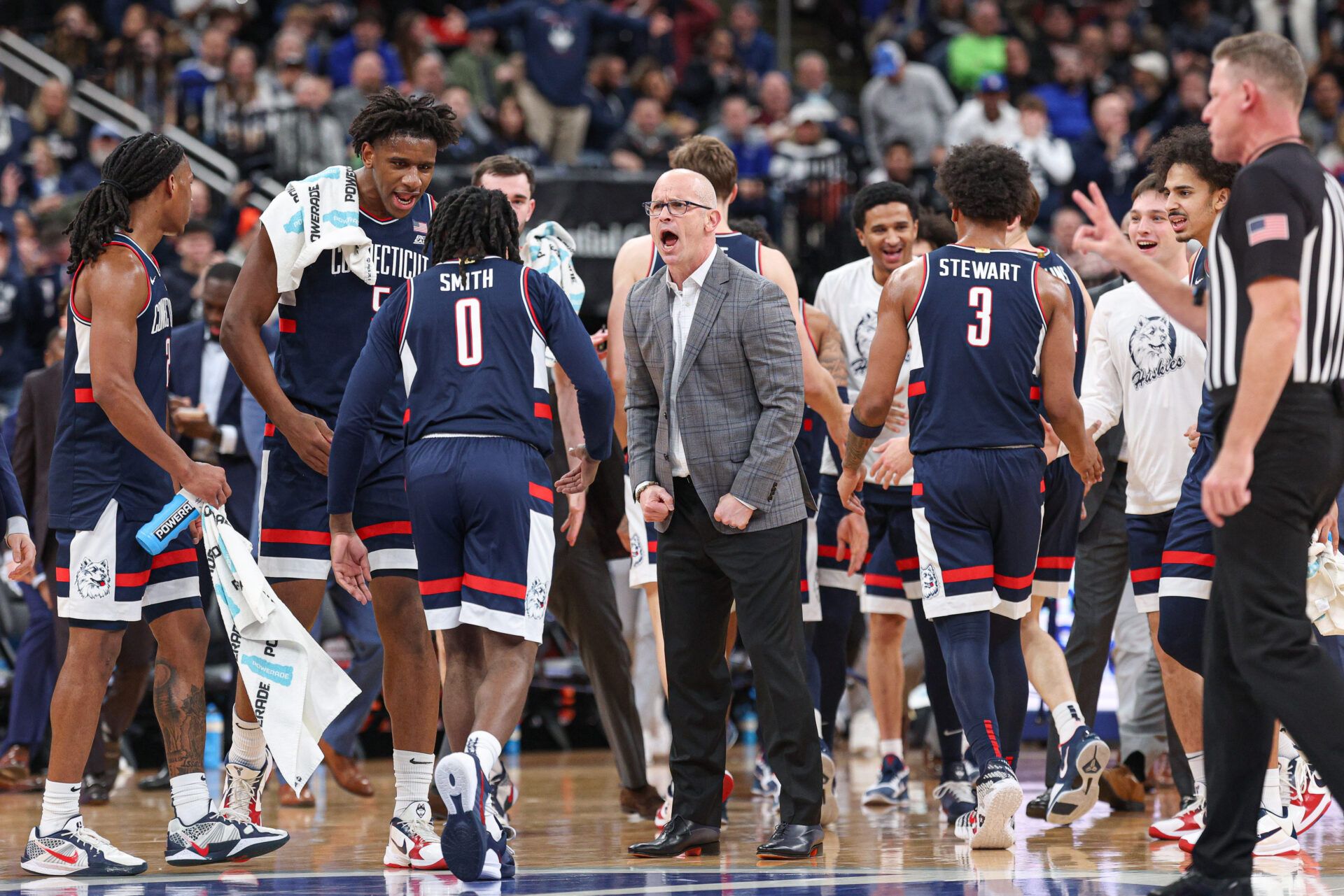 UConn Huskies head coach Dan Hurley reacts after a basket by guard Malachi Smith (0) during the first half against the Seton Hall Pirates at Prudential Center.