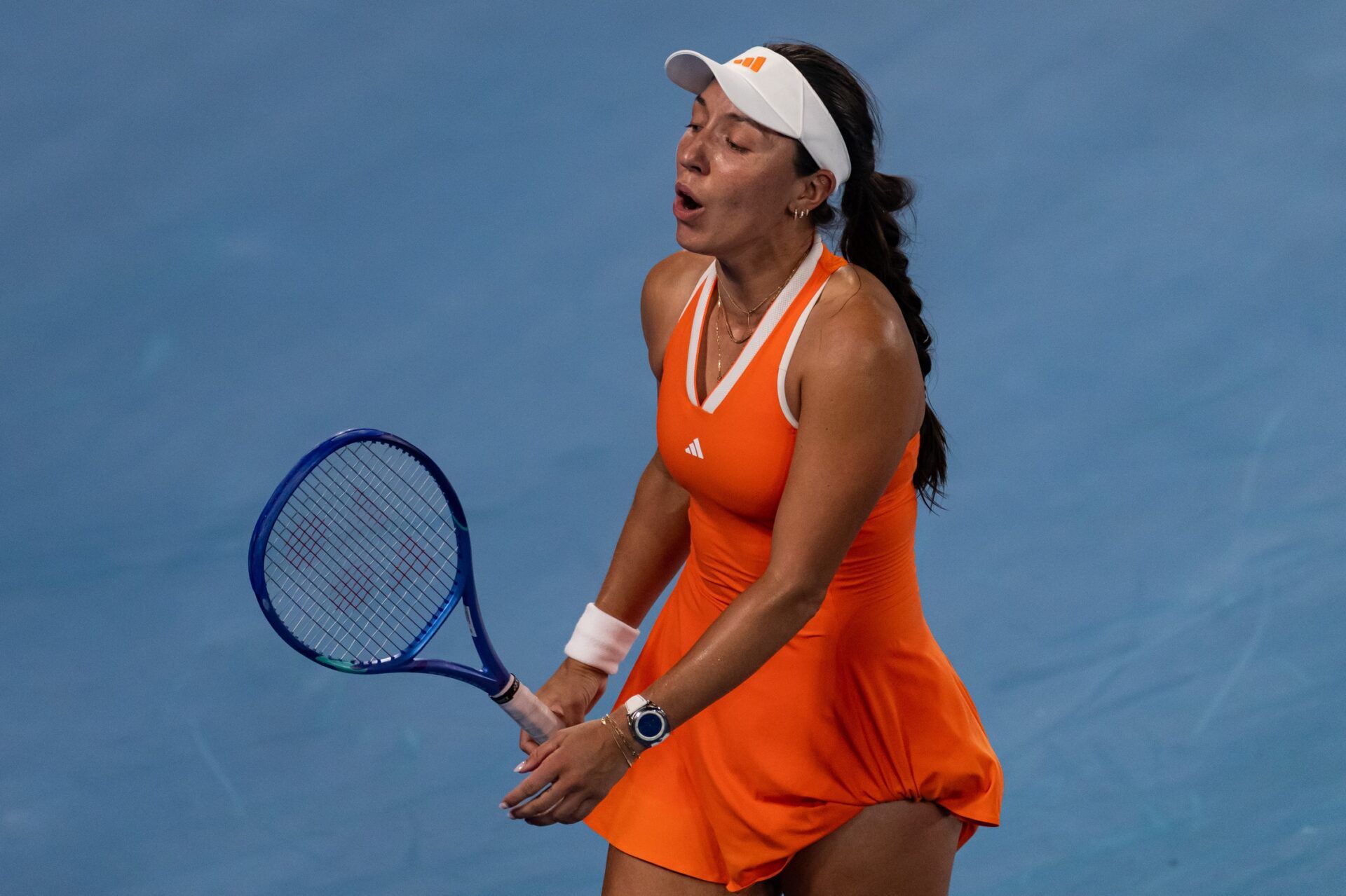 Jessica Pegula of United States in action against Elena Rybakina of Kazakhstan in the semifinals of the womens singles at the Australian Open at Rod Laver Arena in Melbourne Park.