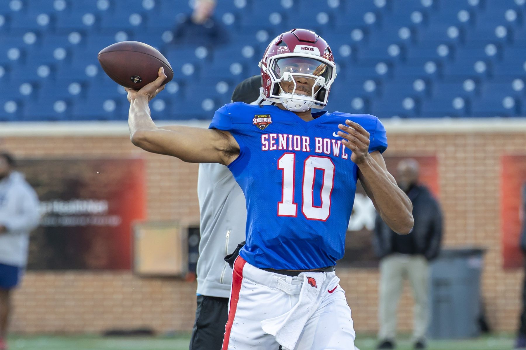 American Team quarterback Taylen Green (10) of Arkansas throws during American Senior Bowl practice at Hancock Whitney Stadium.