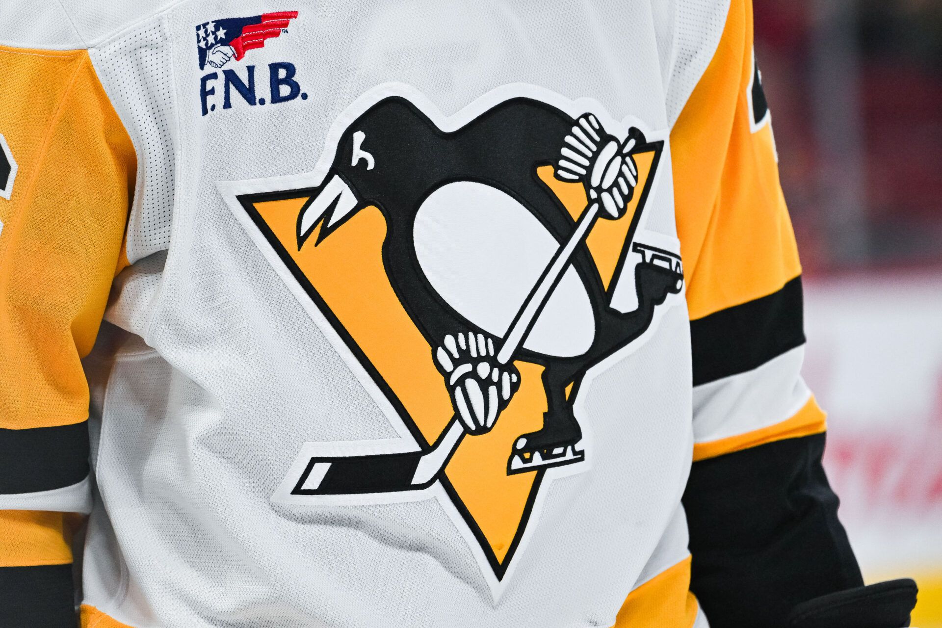 View of a Pittsburgh Penguins logo on a jersey worn by a member of the team at Bell Centre.