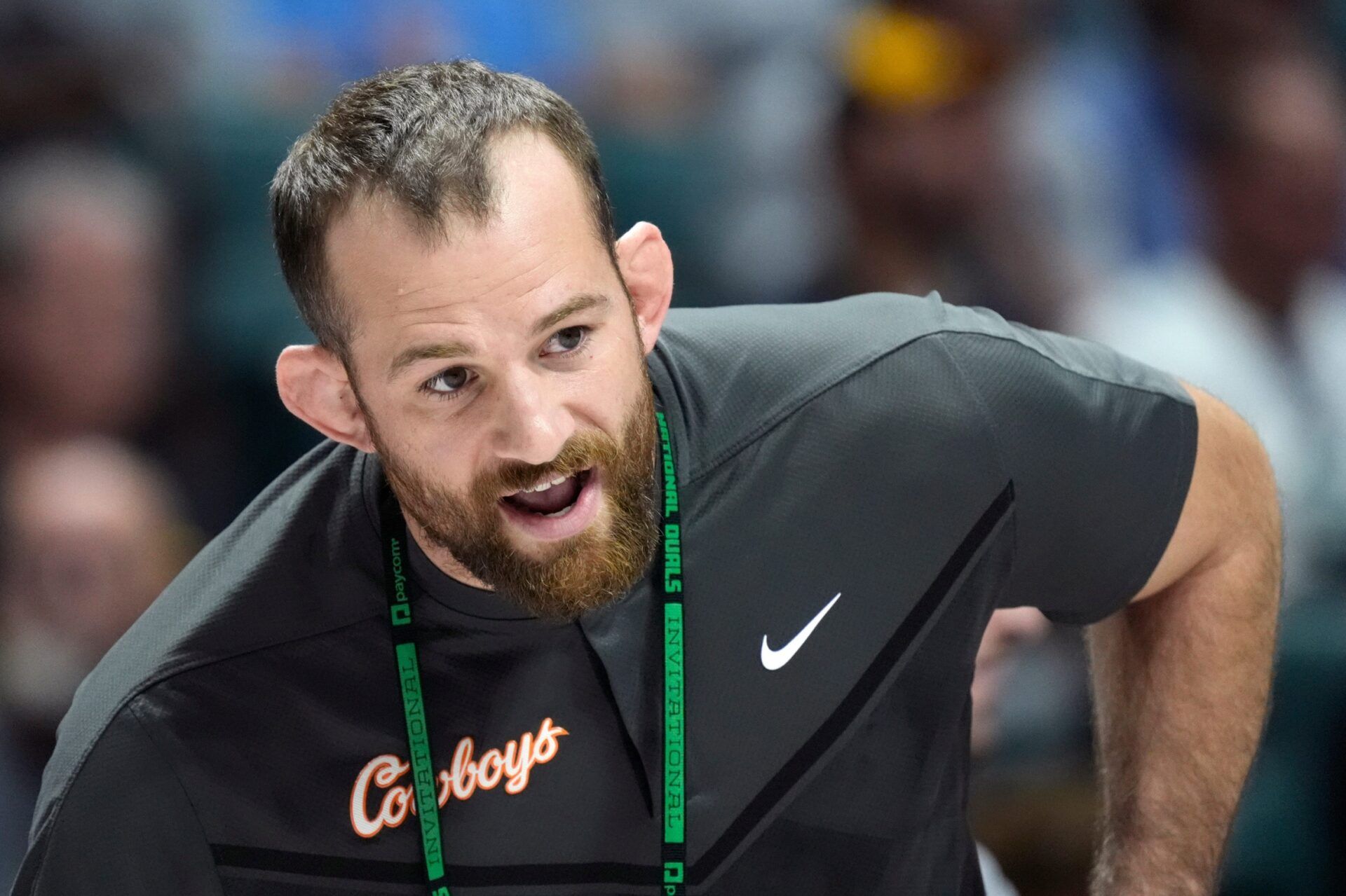 Oklahoma State wrestling coach David Taylor shouts instructions during the National Duals Invitational at the BOK Center in Tulsa, Okla, Saturday, Nov. 15, 2025.