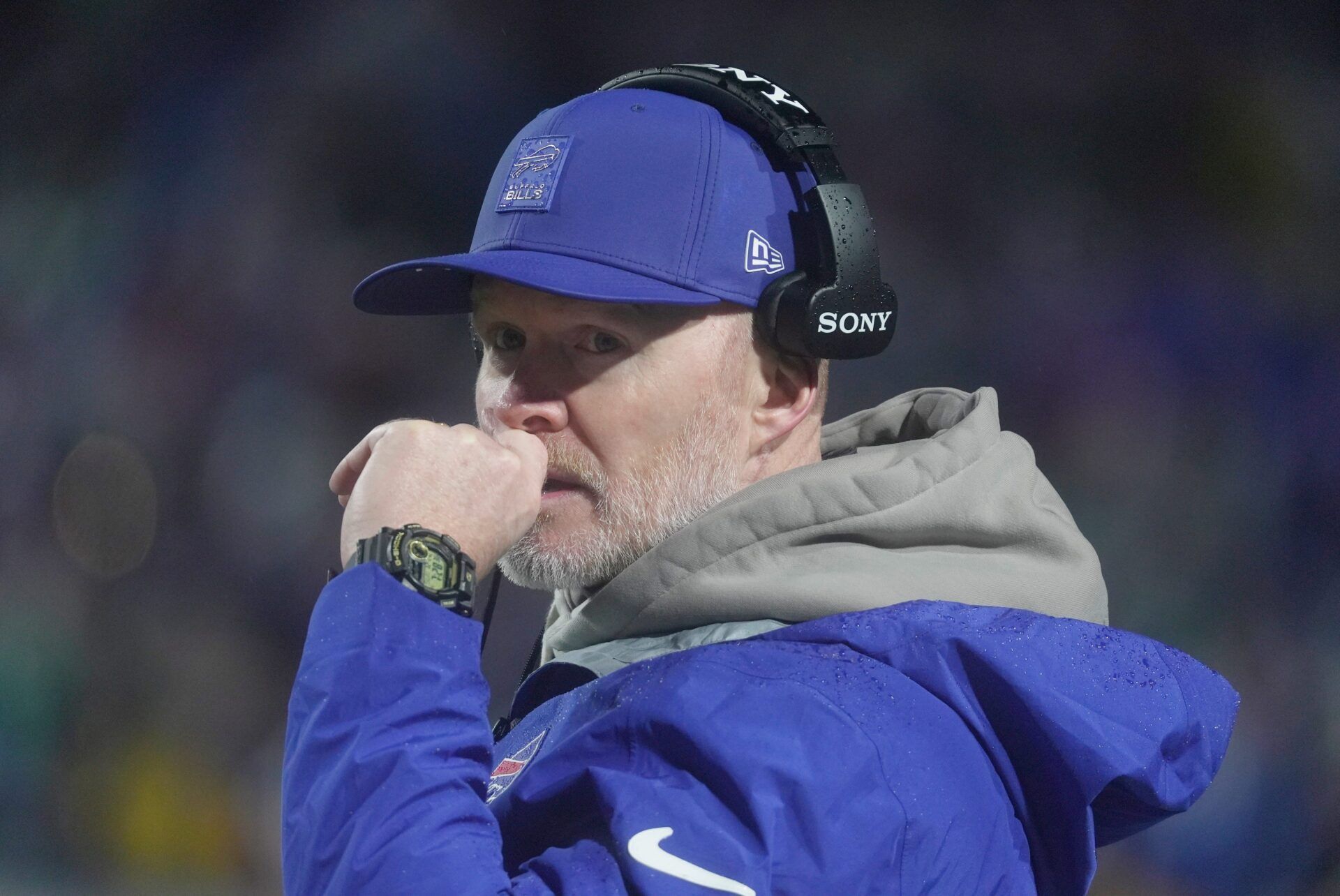 Buffalo Bills head coach Sean McDermott talks to one of the assistant coaches during second half action against the Philadelphia Eagles at Highmark Stadium in Orchard Park on Dec. 28, 2025.
