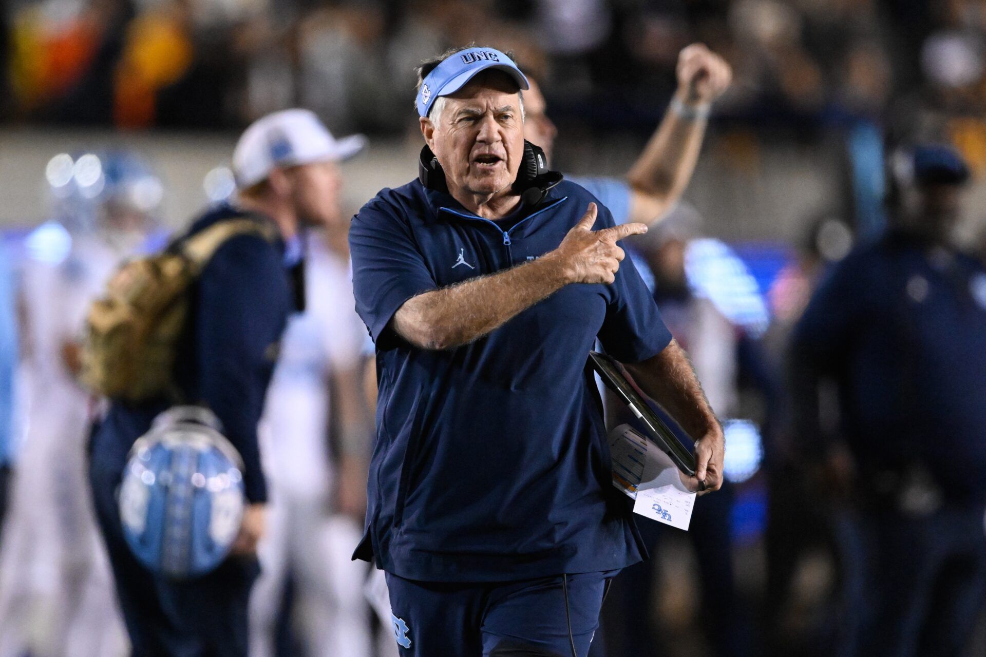 North Carolina Tar Heels head coach Bill Belichick reacts against the California Golden Bears in the first quarter at California Memorial Stadium.