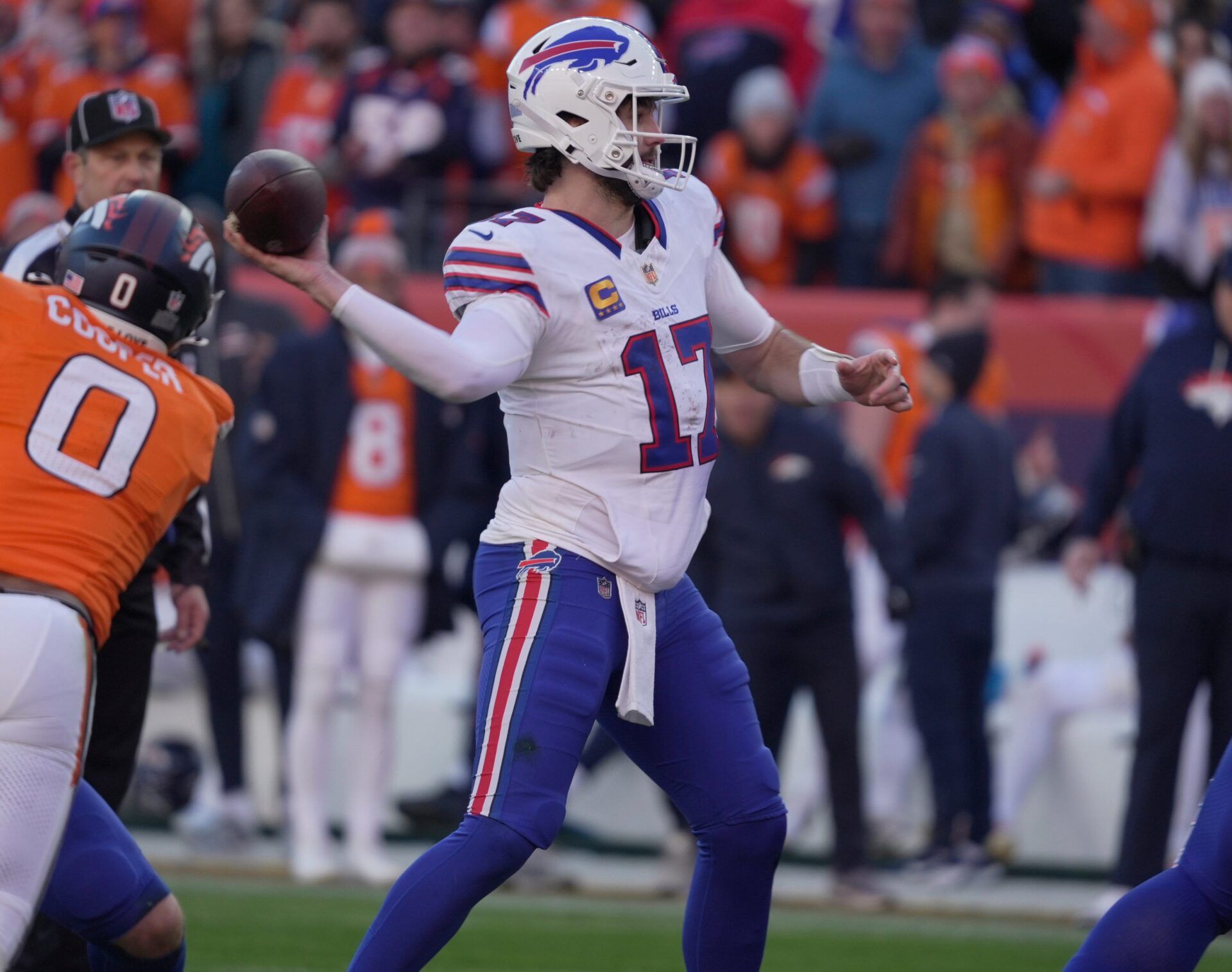 Buffalo Bills quarterback Josh Allen throws a pass during first half action at Empower FIeld at Mile High in Denver, Colorado on Jan. 17, 2026.