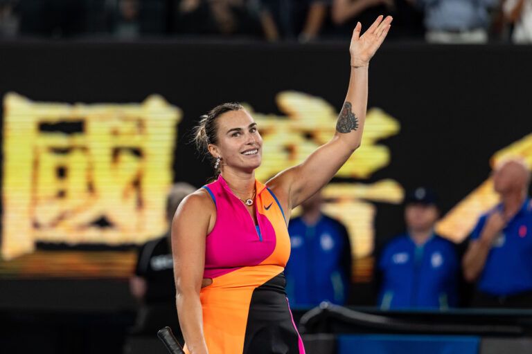Aryna Sabalenka celebrates her victory over Elina Svitolina of Ukraine in the semifinals of the womens singles at the Australian Open at Rod Laver Arena in Melbourne Park.