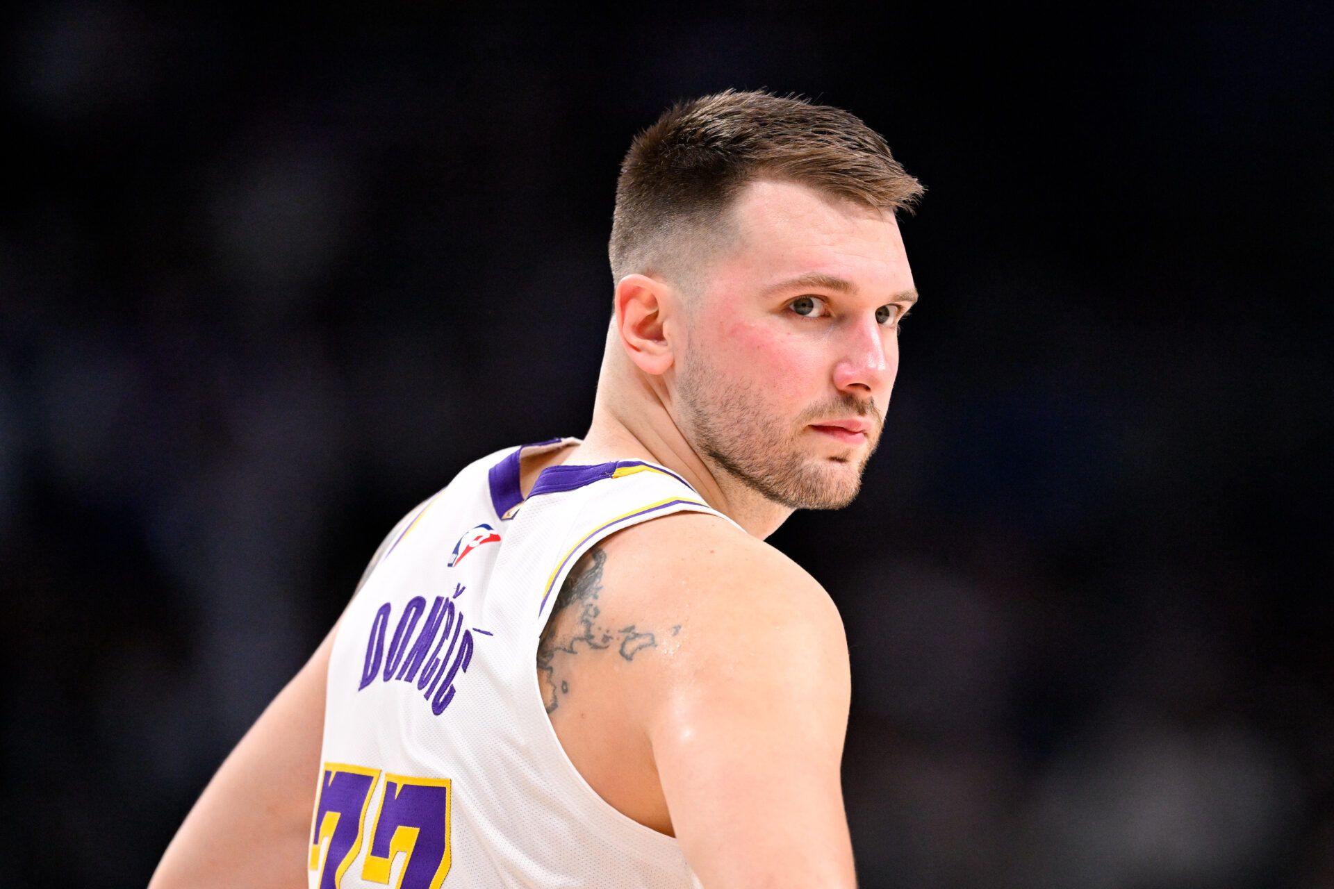 Los Angeles Lakers guard Luka Doncic (77) looks back during the game against the Dallas Mavericks at the American Airlines Center.