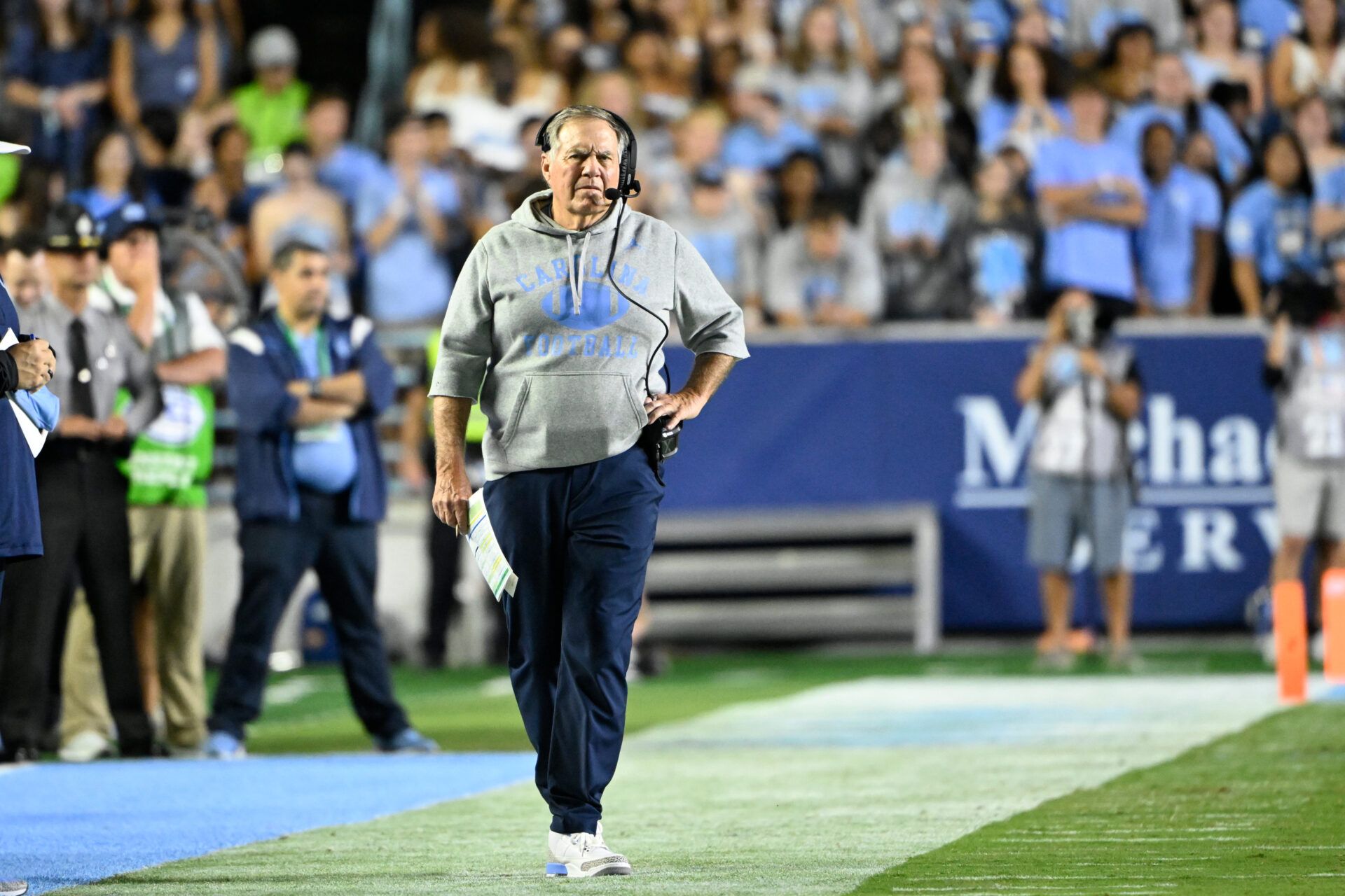 North Carolina Tar Heels head coach Bill Belichick on the sidelines in the first quarter at Kenan Stadium.