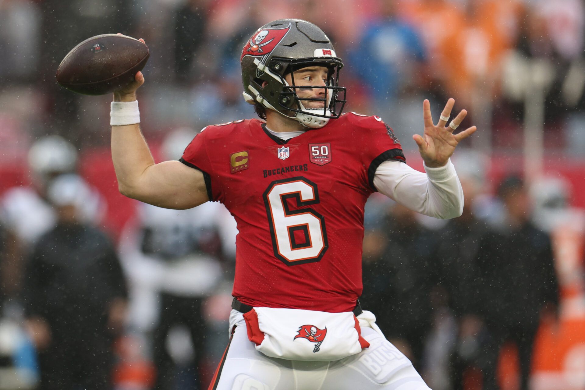 Tampa Bay Buccaneers quarterback Baker Mayfield (6) throws a pass against the Carolina Panthers in the first half at Raymond James Stadium.