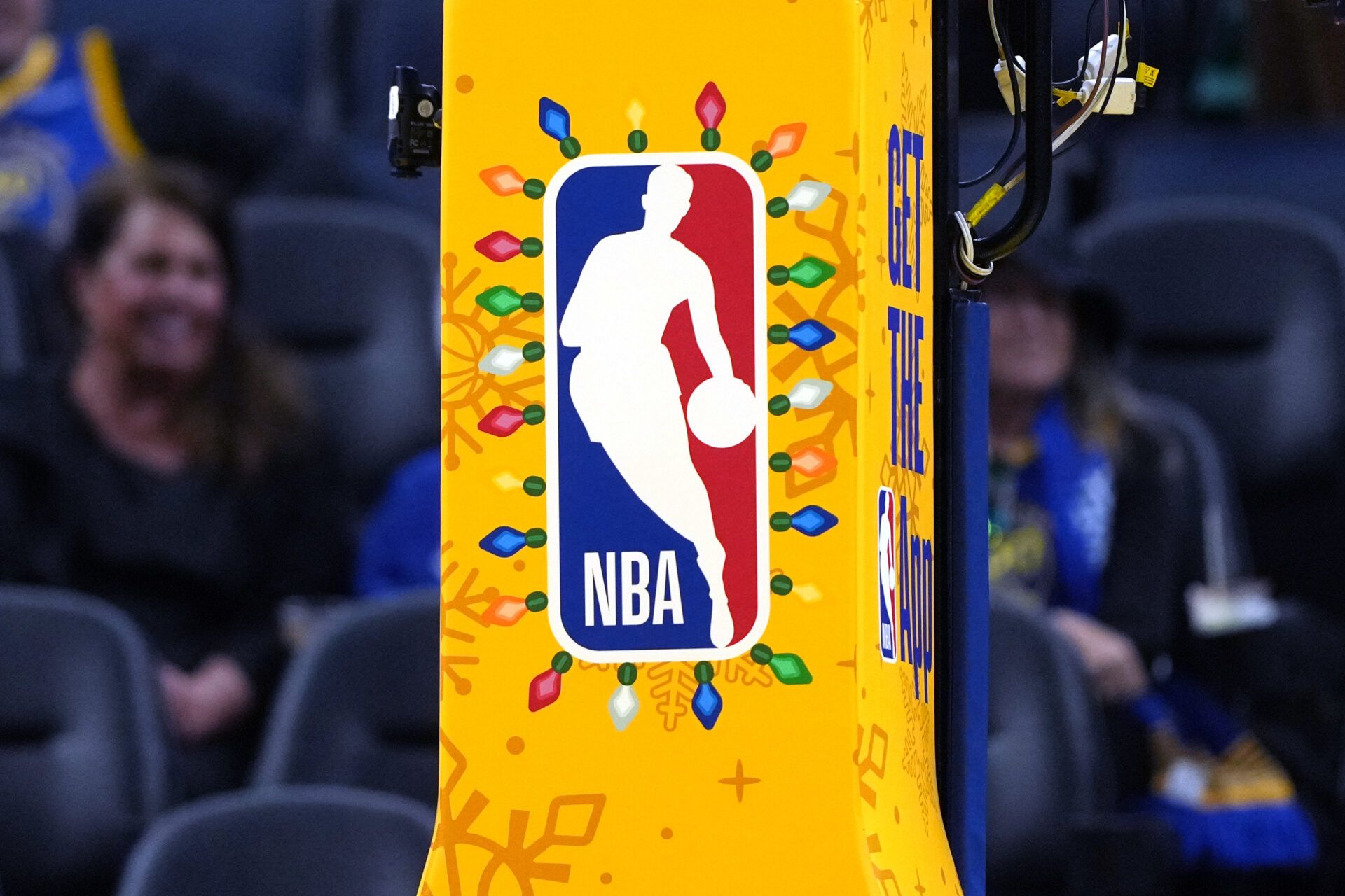 A view of the Christmas logo for the NBA before the game between the Golden State Warriors and the Dallas Mavericks at Chase Center.