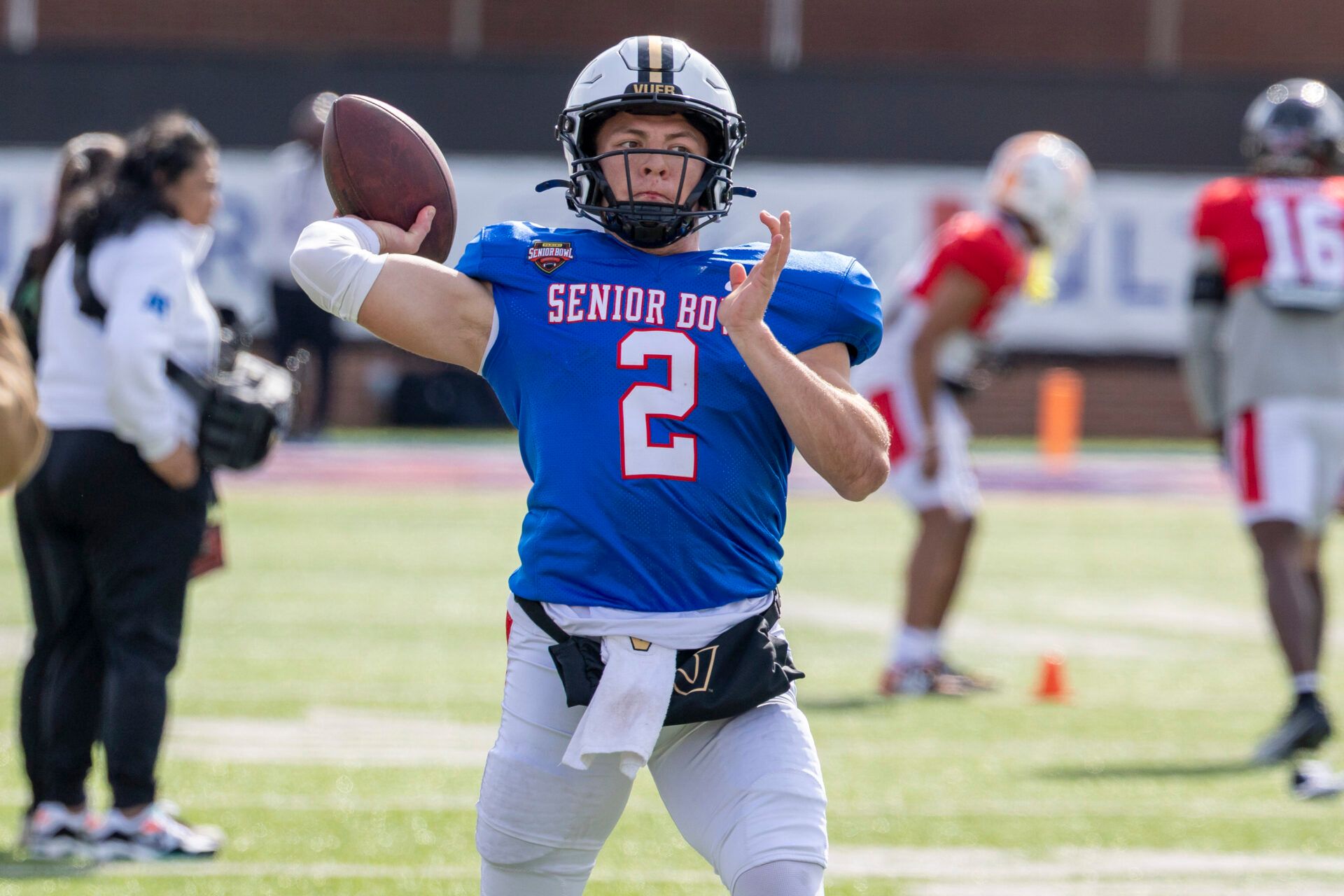 National quarterback Diego Pavia (2) of Vanderbilt throws the ball during National Senior Bowl practice at Hancock Whitney Stadium.