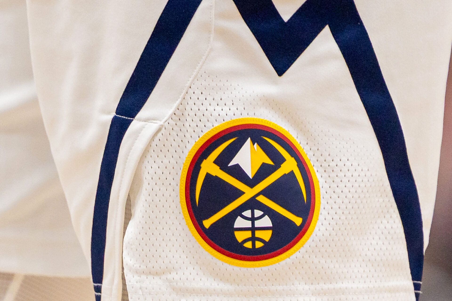 Detailed view of the Denver Nuggets logo against the New Orleans Pelicans during the first half  at Smoothie King Center.