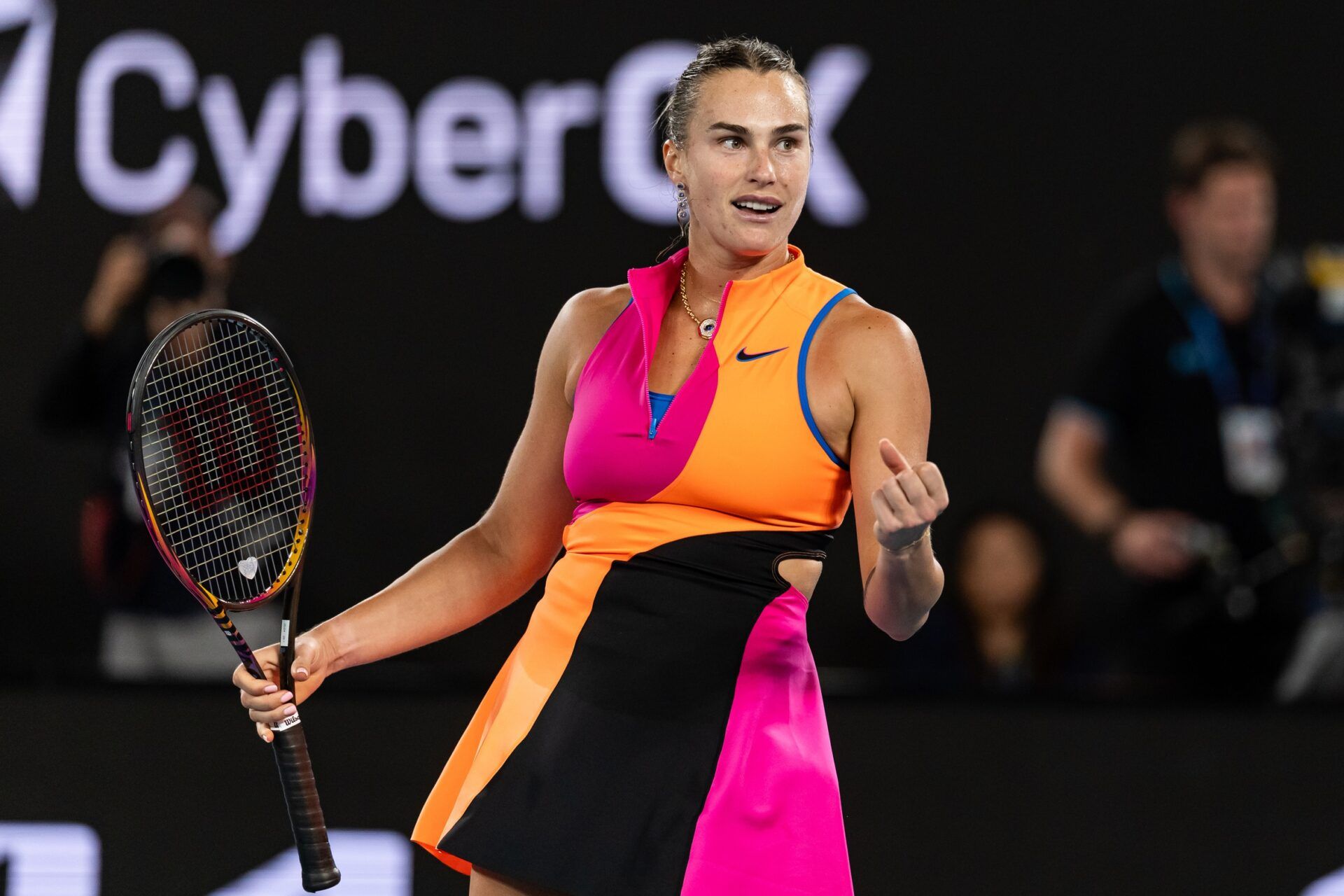 Aryna Sabalenka celebrates her victory over Elina Svitolina of Ukraine in the semifinals of the womens singles at the Australian Open at Rod Laver Arena in Melbourne Park.