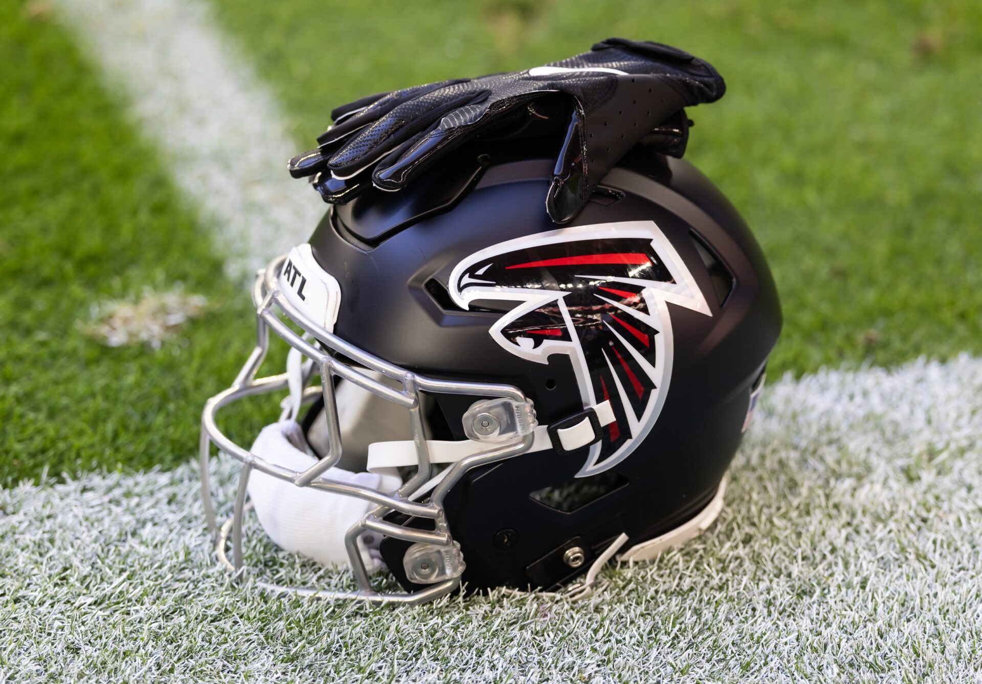 Detailed view of an Atlanta Falcons helmet at State Farm Stadium.