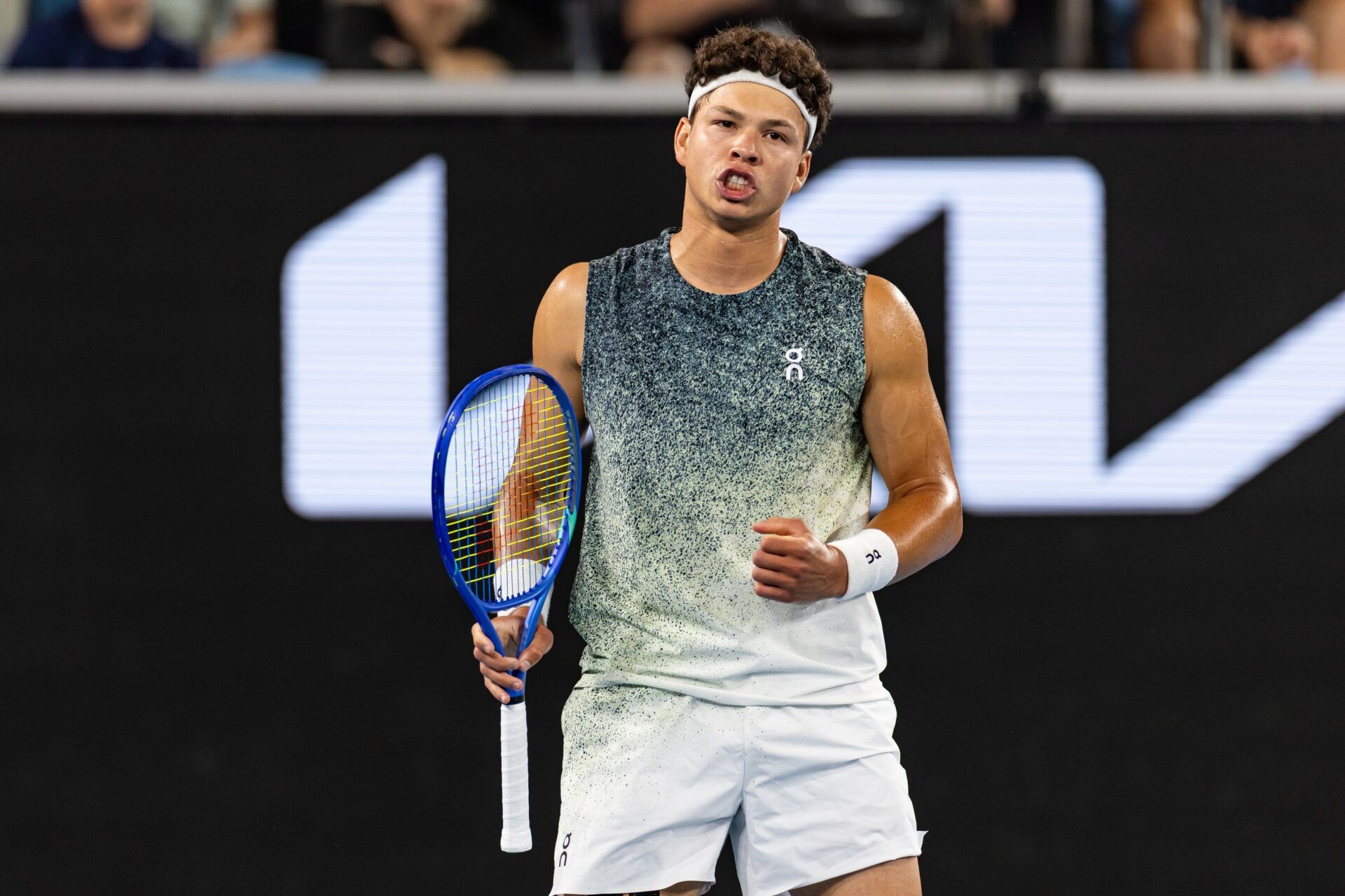 Ben Shelton of United States in action against Valentin Vacherot of Monaco in the third round of the mens singles at the Australian Open at Margaret Court Arena in Melbourne Park.