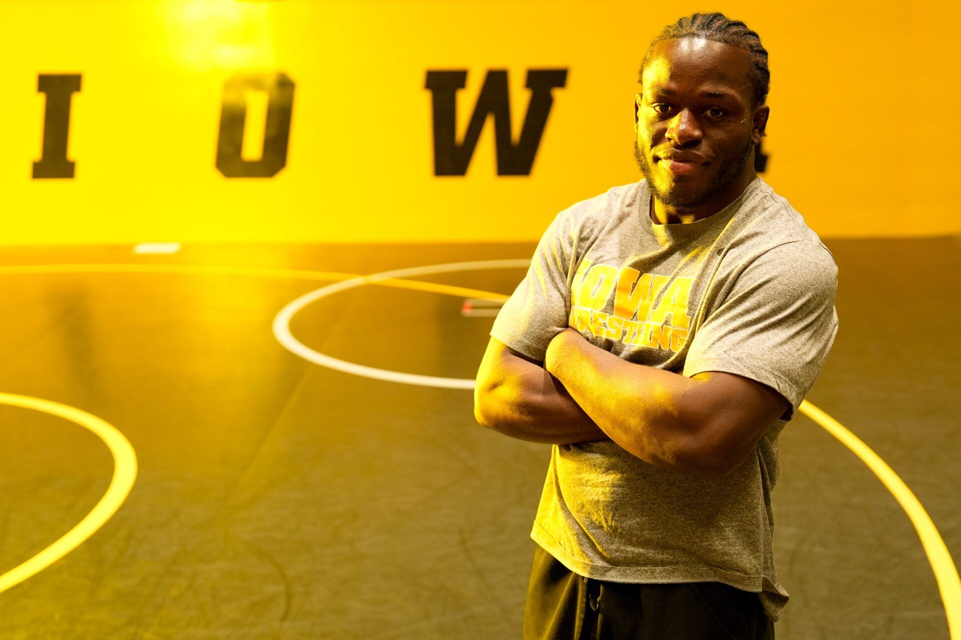 Iowa 197-pound wrestler Massoma Endene is pictured during the Iowa men’s wrestling team media day Oct. 29, 2025 in Iowa City, Iowa.