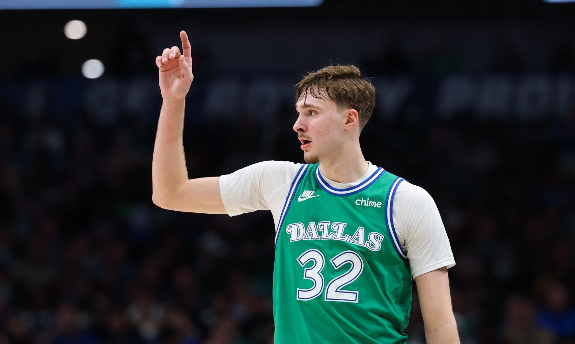 Dallas Mavericks forward Cooper Flagg (32) reacts during the second half against the Charlotte Hornets at American Airlines Center.