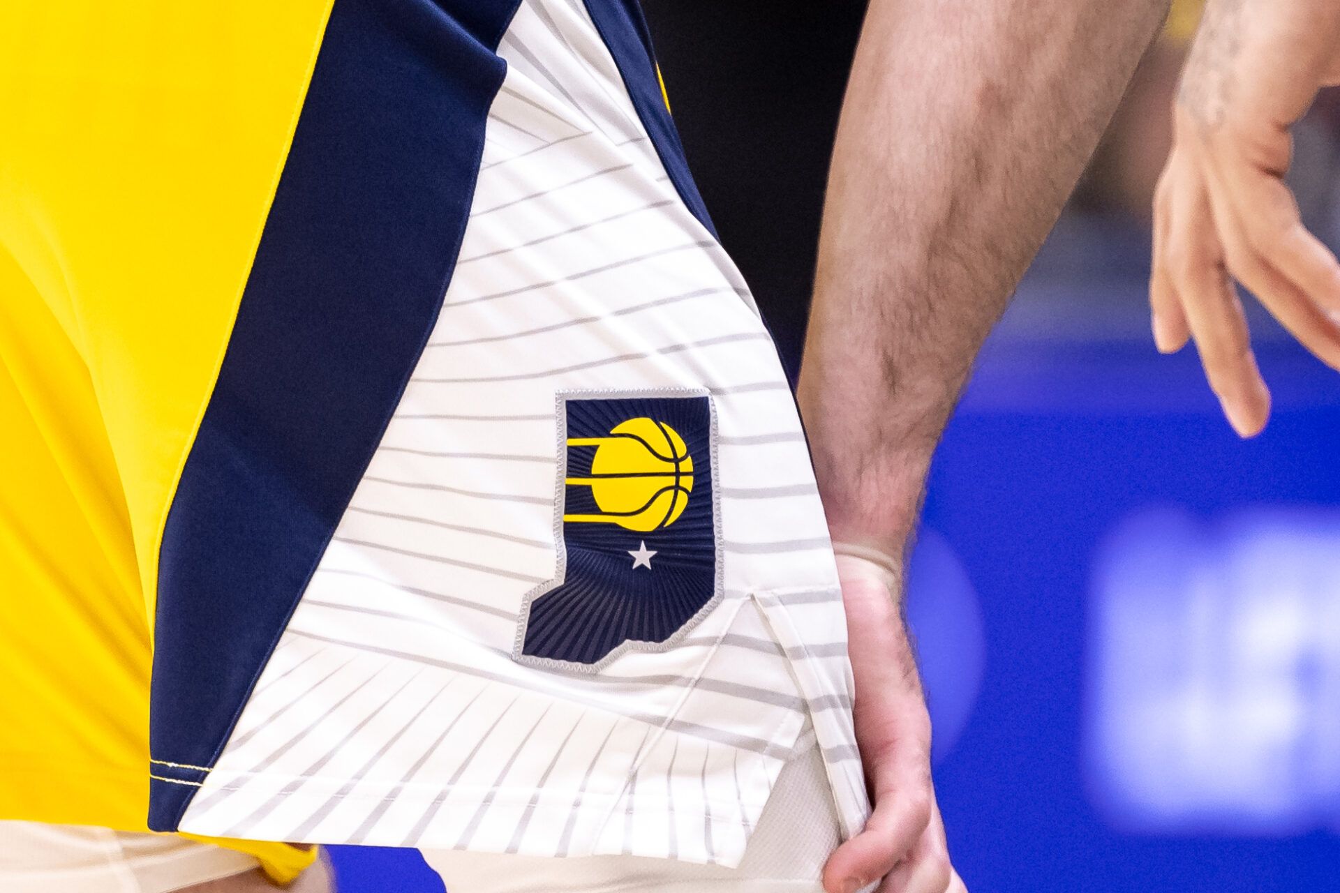 Detailed view of the Indiana Pacers logo on a free throw attempt by the New Orleans Pelicans during the second half at Smoothie King Center.