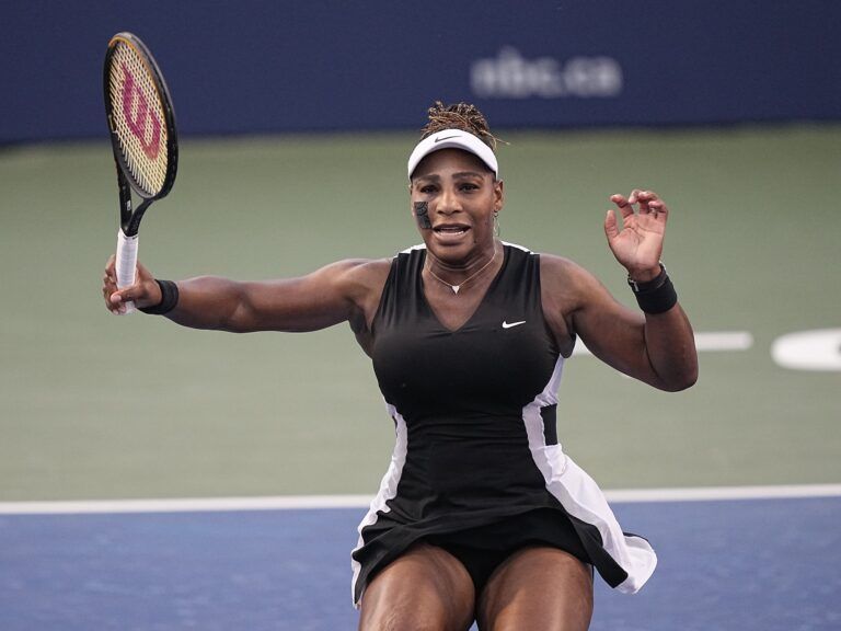 Serena Williams (USA) reacts after returning to Belinda Bencic (not pictured)  at Sobeys Stadium.