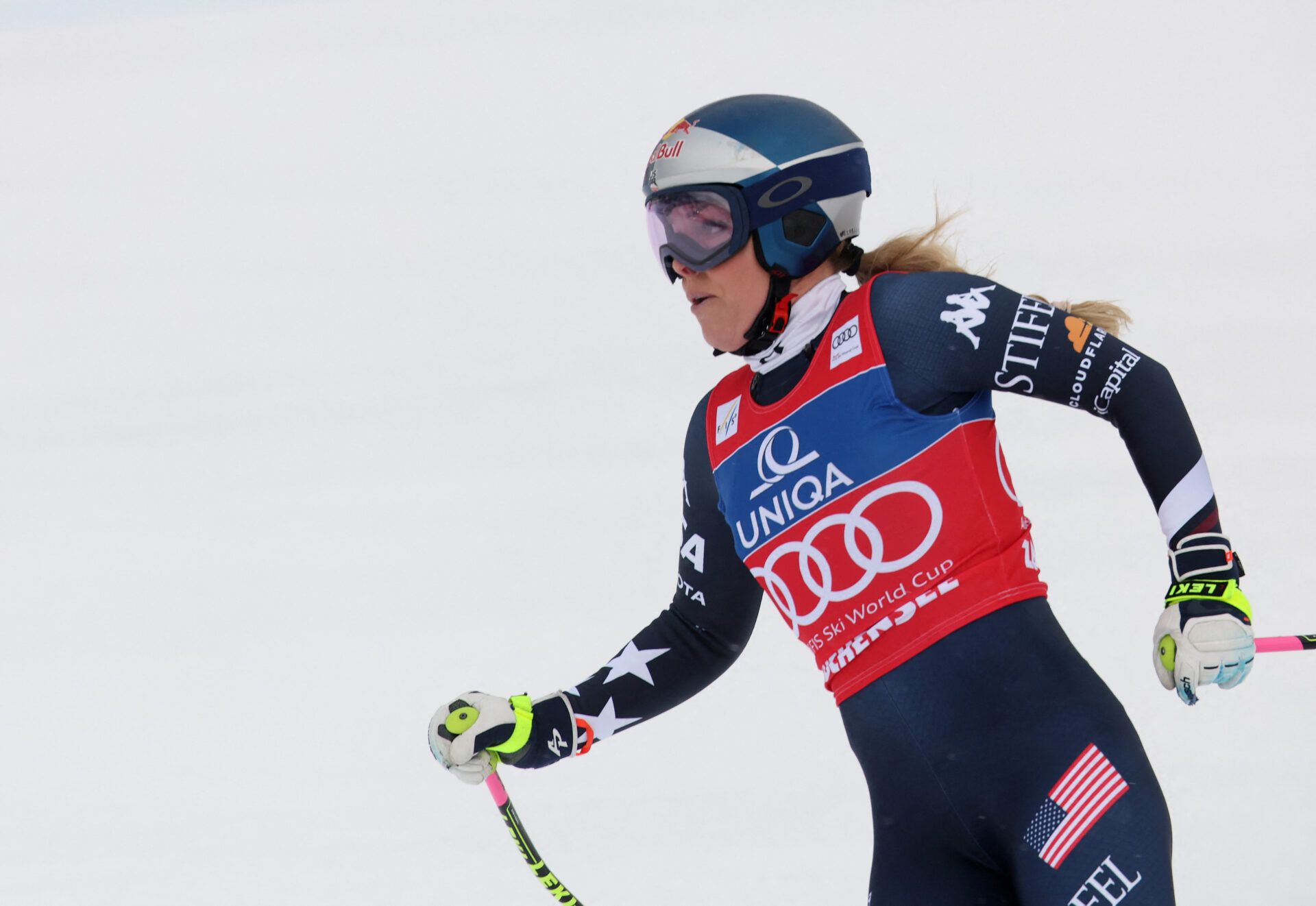 [US, Mexico & Canada customers only] Jan 10, 2026; Zauchensee, AUSTRIA; Lindsey Vonn of the United States reacts after her run during the women's downhill alpine skiing race in the FIS World Cup at Zauchensee.