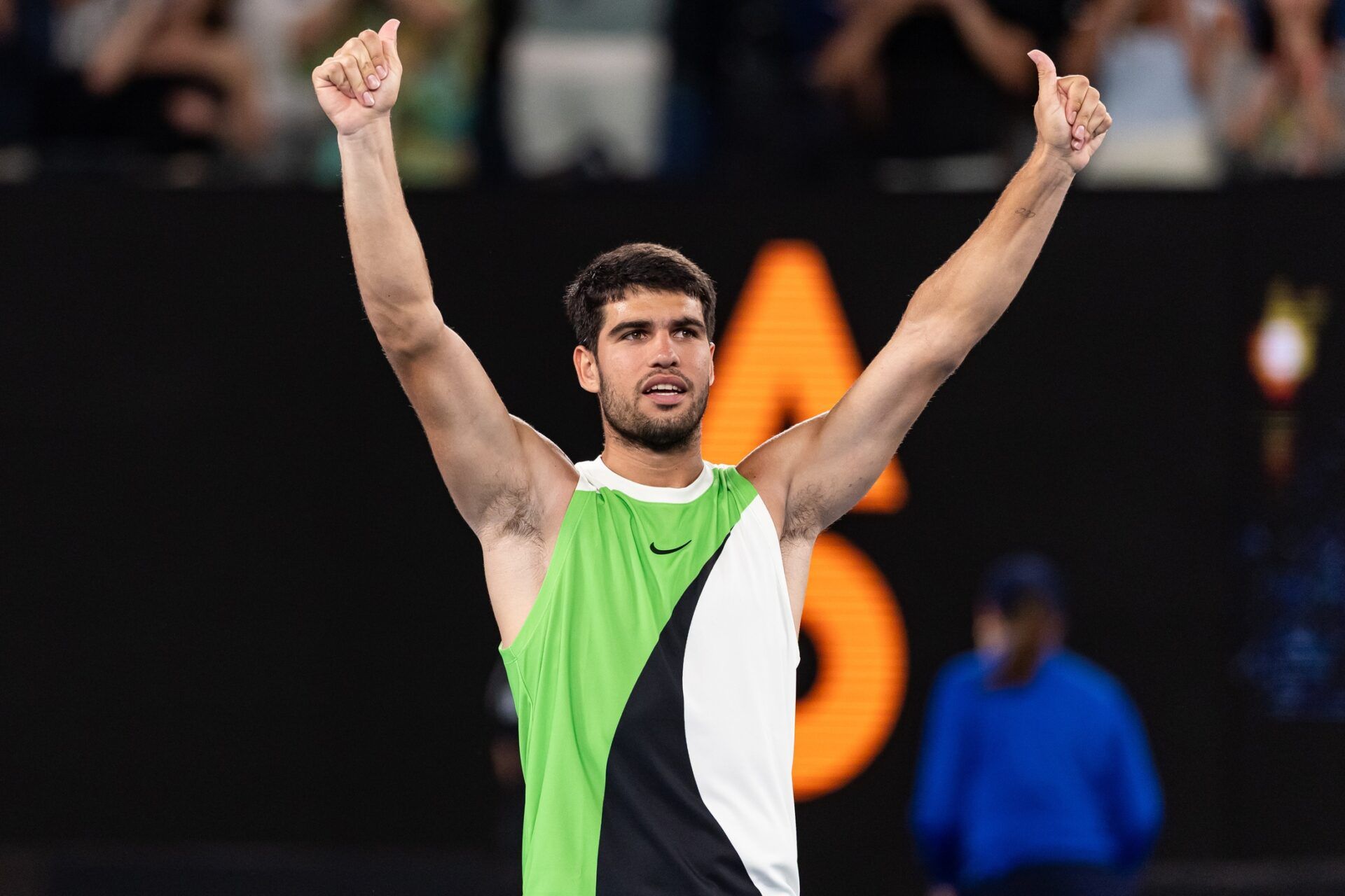 Carlos Alcaraz of Spain celebrates his victory over Alex de Minaur of Australia in the quarterfinals of the men’s singles at the Australian Open at Rod Laver Arena in Melbourne Park.